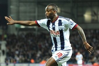 Berahino celebrates scoring West Brom's opener against Everton.