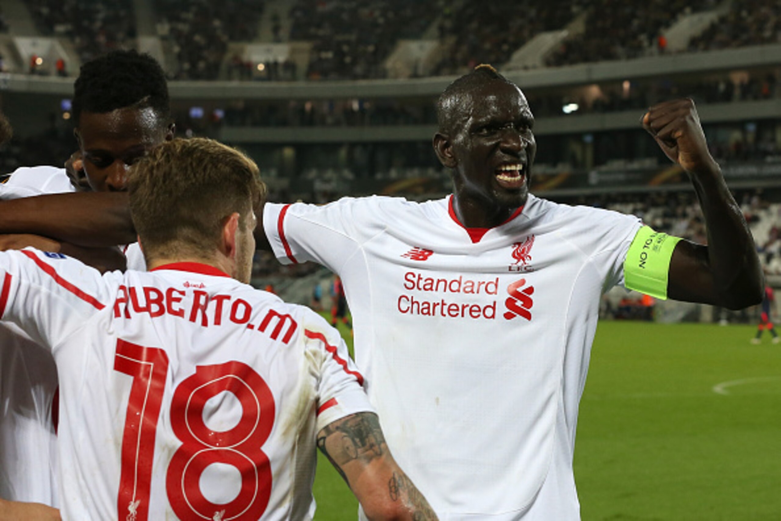 BORDEAUX, FRANCE - SEPTEMBER 17: Mamadou Sakho for Liverpool FC after the goal of Adam Lallana during the Europa League game between FC Girondins de Bordeaux and Liverpool FC at Matmut Atlantique Stadium on September 17, 2015 in Bordeaux, France.  (Photo 