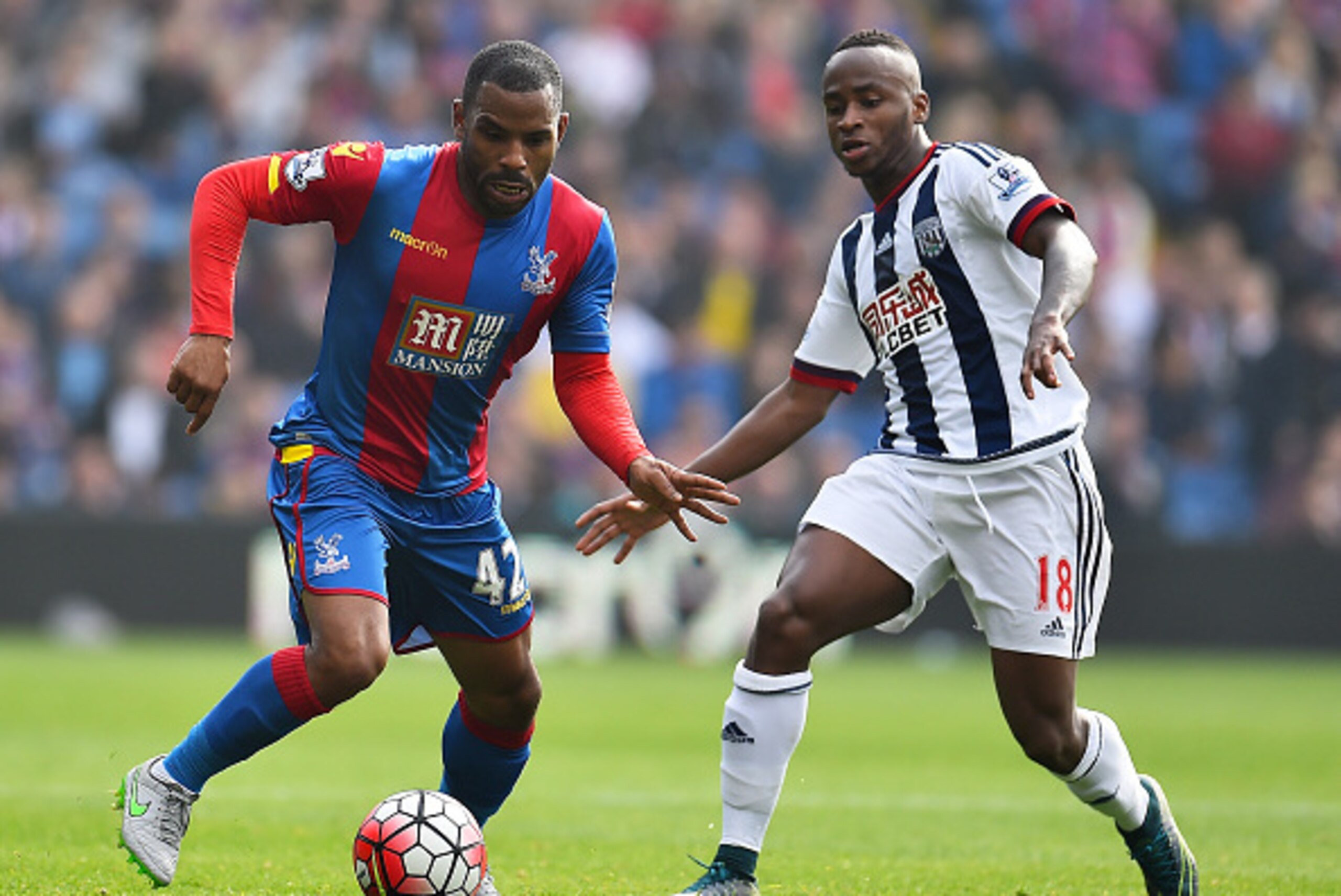 LONDON, ENGLAND - SEPTEMBER 12: Jason Puncheon of Crystal Palace and Saido Berahino of West Bromwich Albion during the Barclays Premier League match between Crystal Palace and West Bromwich Albion at Selhurst Park on October 2, 2015 in London, United King LONDON, ENGLAND - SEPTEMBER 12: Jason Puncheon of Crystal Palace and Saido Berahino of West Bromwich Albion during the Barclays Premier League match between Crystal Palace and West Bromwich Albion at Selhurst Park on October 2, 2015 in London, United King