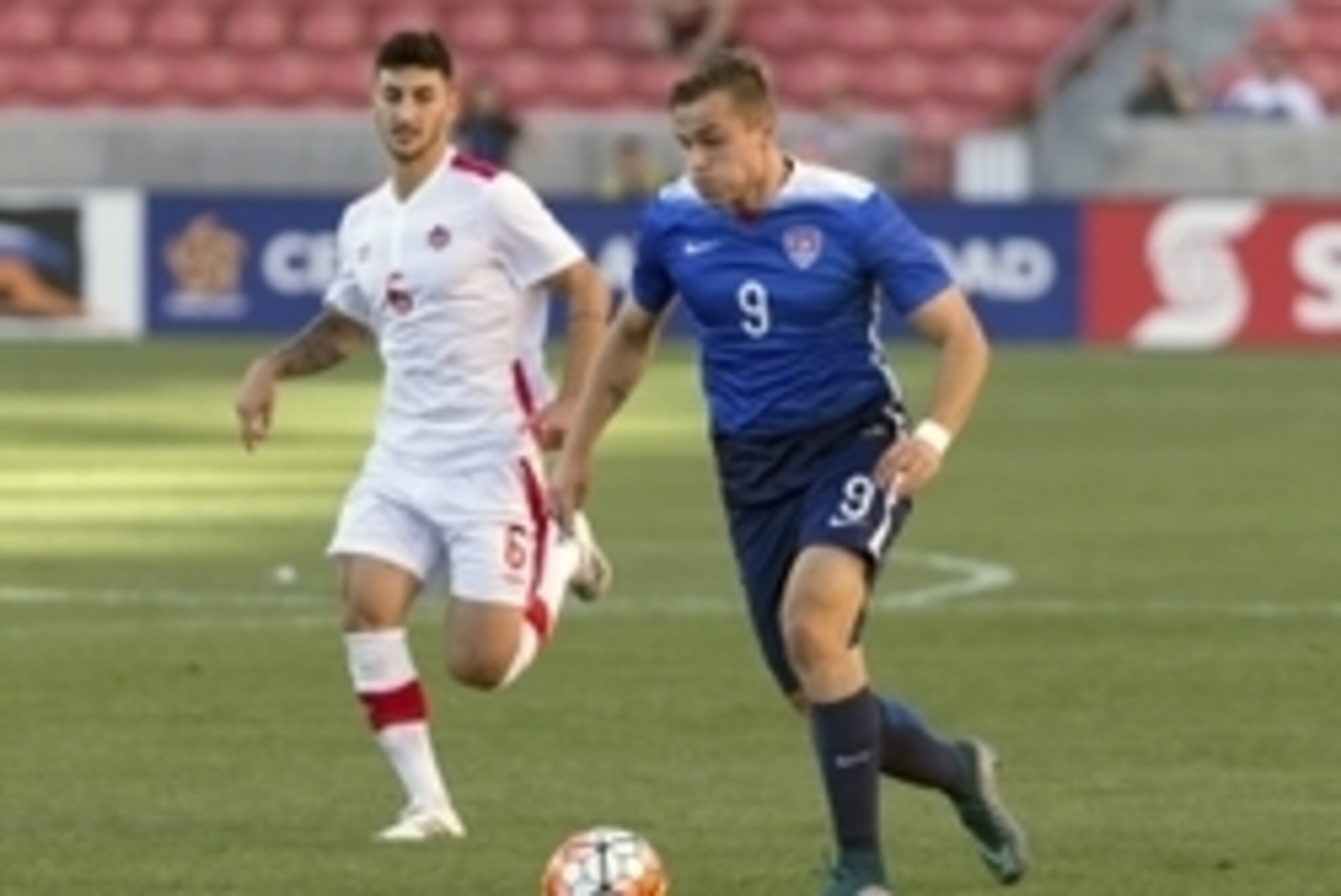 Oct 13, 2015; Sandy, UT, USA; United States forward Jordan Morris (9) dribbles the ball up the field against Canada during the first half at Rio Tinto Stadium. Mandatory Credit: Chris Nicoll-USA TODAY Sports