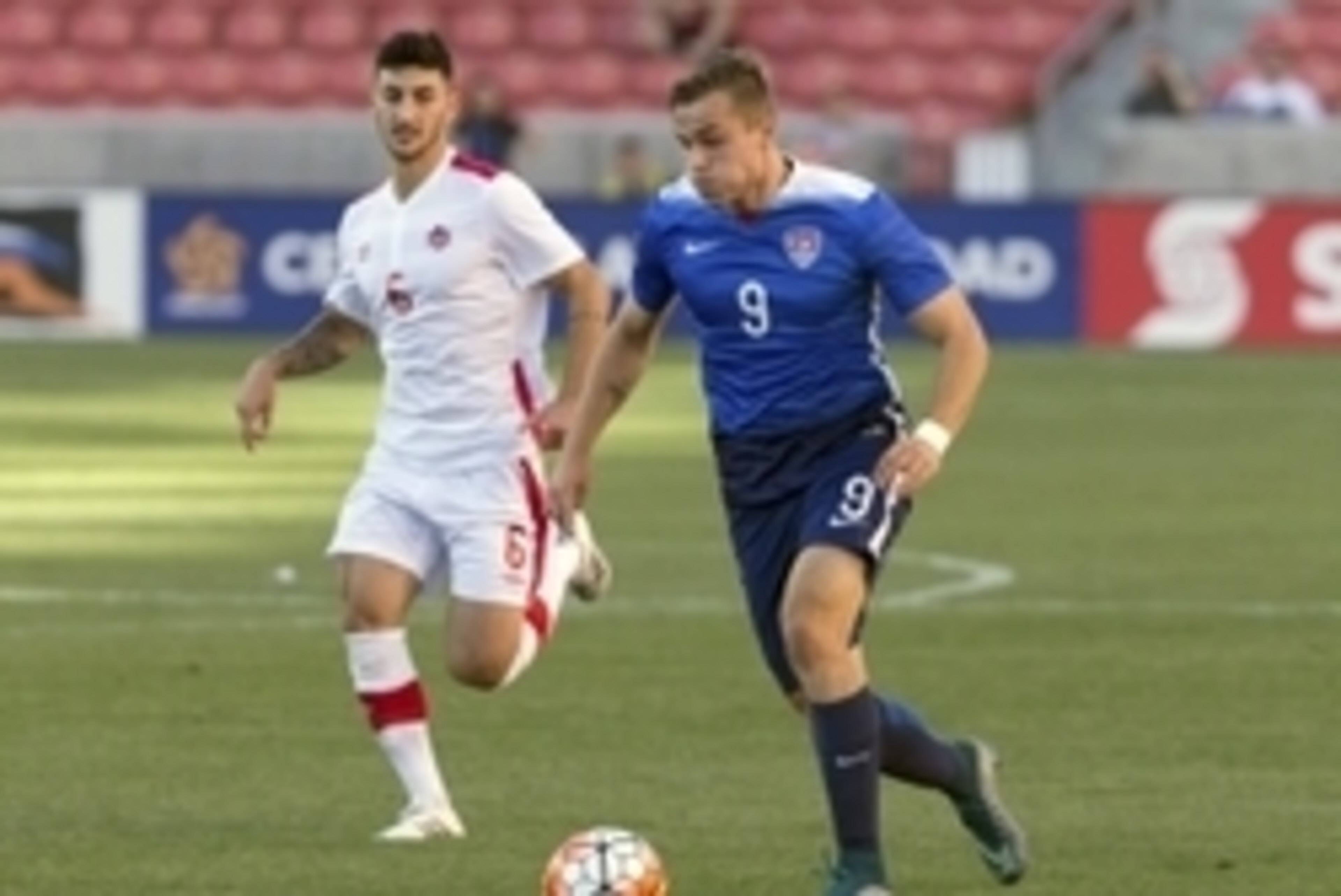 Oct 13, 2015; Sandy, UT, USA; United States forward Jordan Morris (9) dribbles the ball up the field against Canada during the first half at Rio Tinto Stadium. Mandatory Credit: Chris Nicoll-USA TODAY Sports