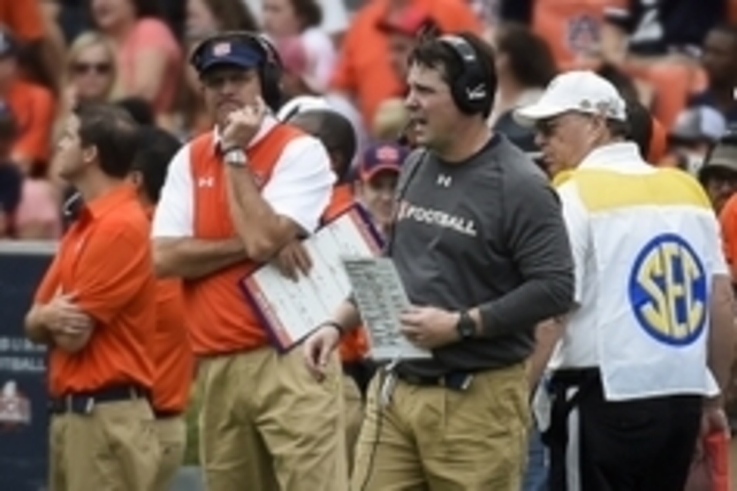 Sep 12, 2015; Auburn, AL, USA; Auburn Tigers head coach Gus Malzahn and defensive coordinator Will Muschamp on the sidelines during the second quarter against the Jacksonville State Gamecocks at Jordan Hare Stadium. Mandatory Credit: Shanna Lockwood-USA T Sep 12, 2015; Auburn, AL, USA; Auburn Tigers head coach Gus Malzahn and defensive coordinator Will Muschamp on the sidelines during the second quarter against the Jacksonville State Gamecocks at Jordan Hare Stadium. Mandatory Credit: Shanna Lockwood-USA T
