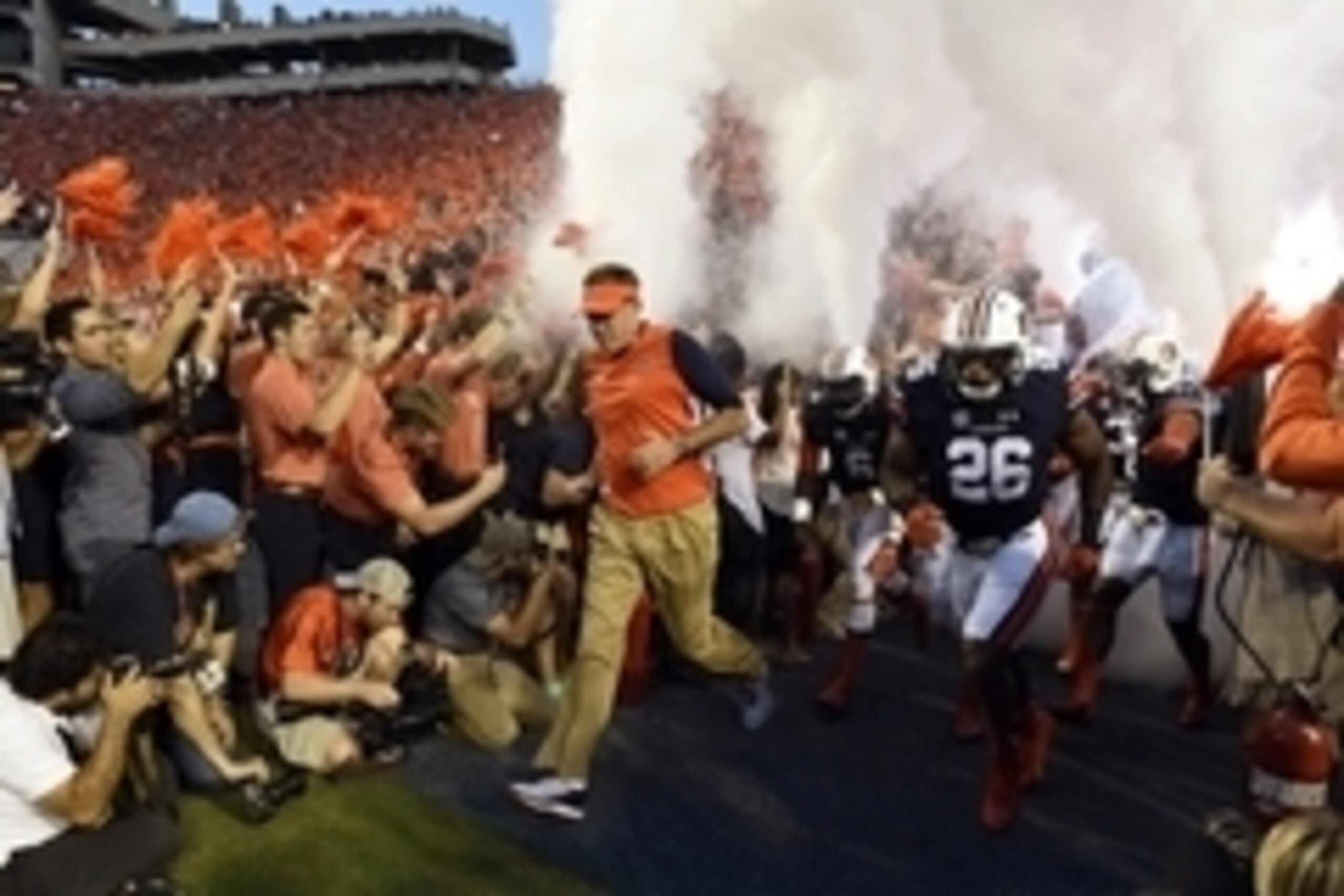 Sep 26, 2015; Auburn, AL, USA; Auburn Tigers head coach Gus Malzahn leads his players onto the field against the Mississippi State Bulldogs at Jordan Hare Stadium. Mandatory Credit: John David Mercer-USA TODAY Sports Sep 26, 2015; Auburn, AL, USA; Auburn Tigers head coach Gus Malzahn leads his players onto the field against the Mississippi State Bulldogs at Jordan Hare Stadium. Mandatory Credit: John David Mercer-USA TODAY Sports