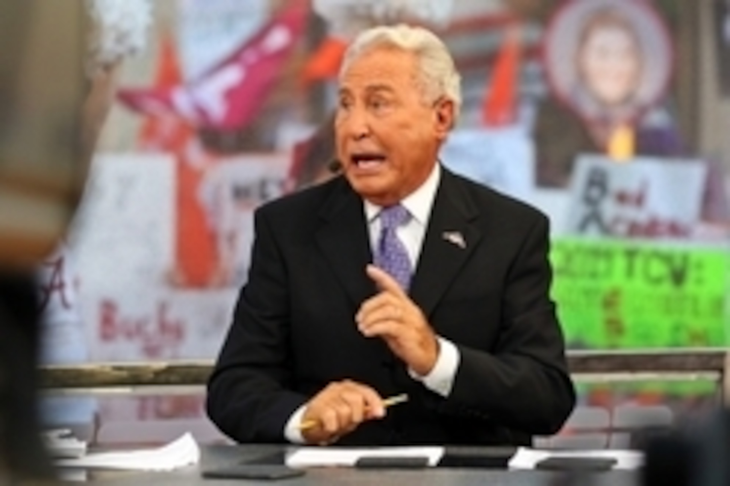 Sep 5, 2015; Fort Worth, TX, USA; ESPN analyst Lee Corso during the live broadcast of ESPN College GameDay at Sundance Square. Mandatory Credit: Ray Carlin-USA TODAY Sports