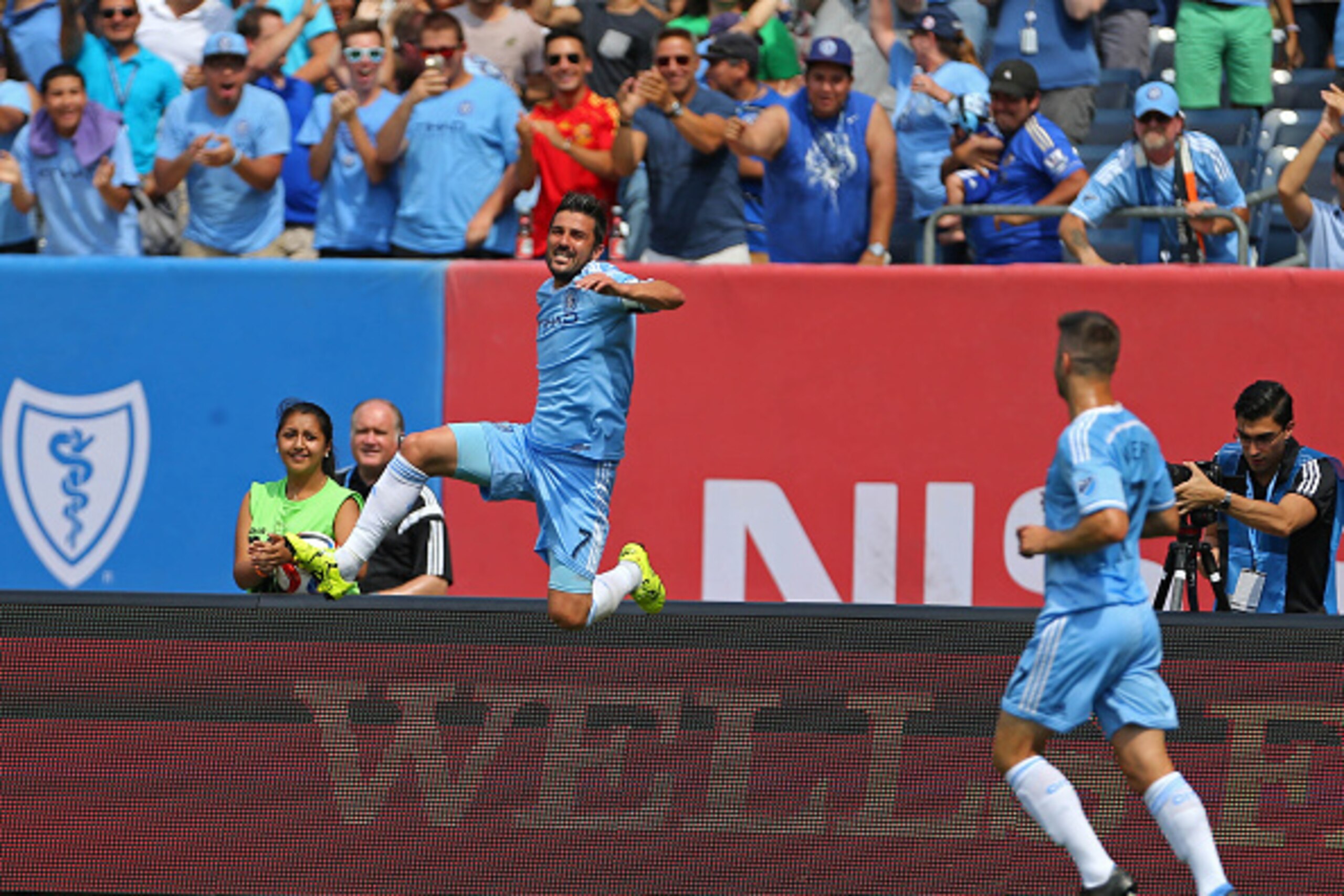 NEW YORK, NY - JULY 12: David Villa #7 of New York City FC celebrates after scoring a goal against the Toronto FC during a soccer game at Yankee Stadium on July 12, 2015 in the Bronx borough of New York City. (Photo by Adam Hunger/Getty Images)