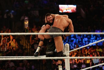 NEW YORK, NY - AUGUST 23:  Kevin Owens and Cesaro battle it out at the WWE SummerSlam 2015 at Barclays Center of Brooklyn on August 23, 2015 in New York City.  (Photo by JP Yim/Getty Images)