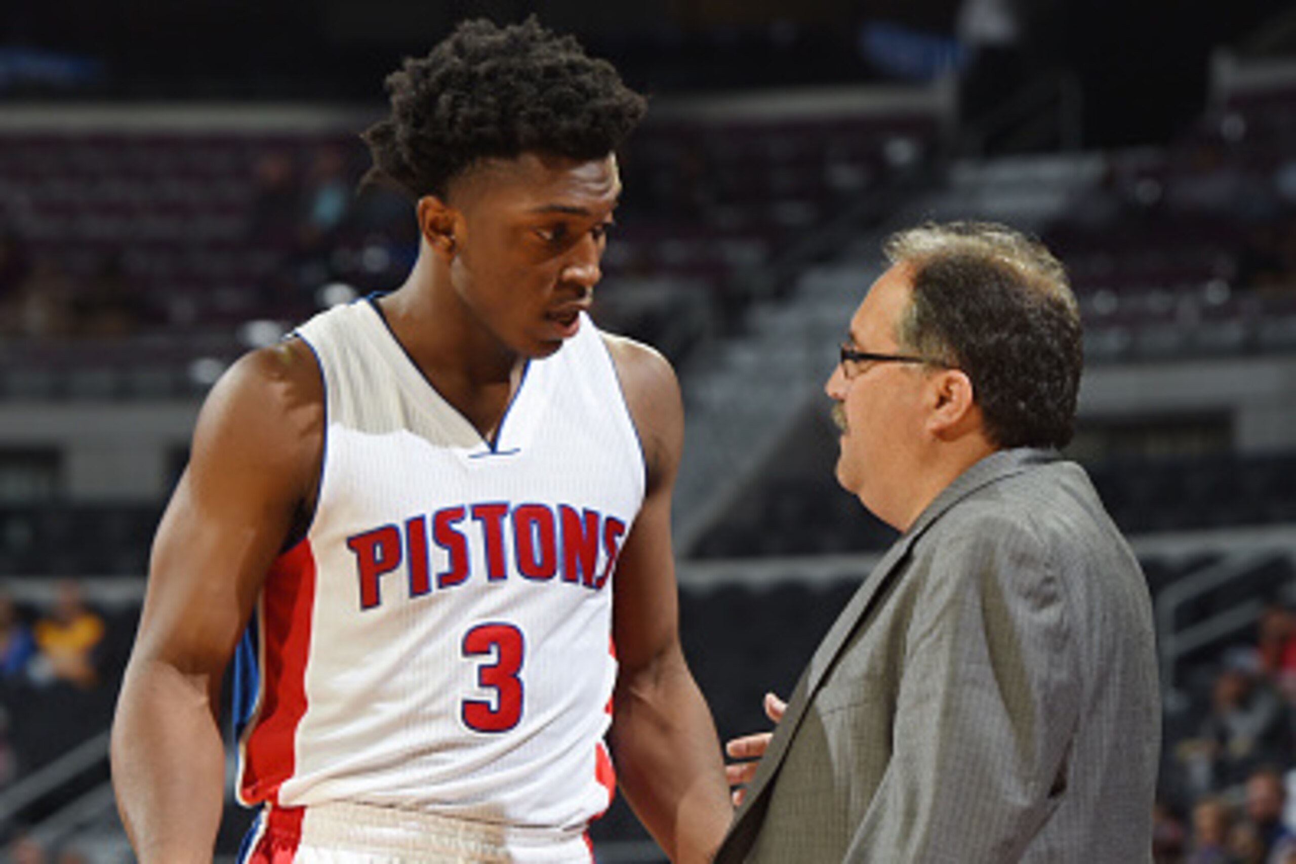 DETROIT, MI - OCTOBER 6: Stanley Johnson #3 speaks with head coach Stan Van Gundy of the Detroit Pistons during a preseason game on October 6, 2015 at Palace of Auburn Hills in Auburn Hills, Michigan. NOTE TO USER: User expressly acknowledges and agrees t
