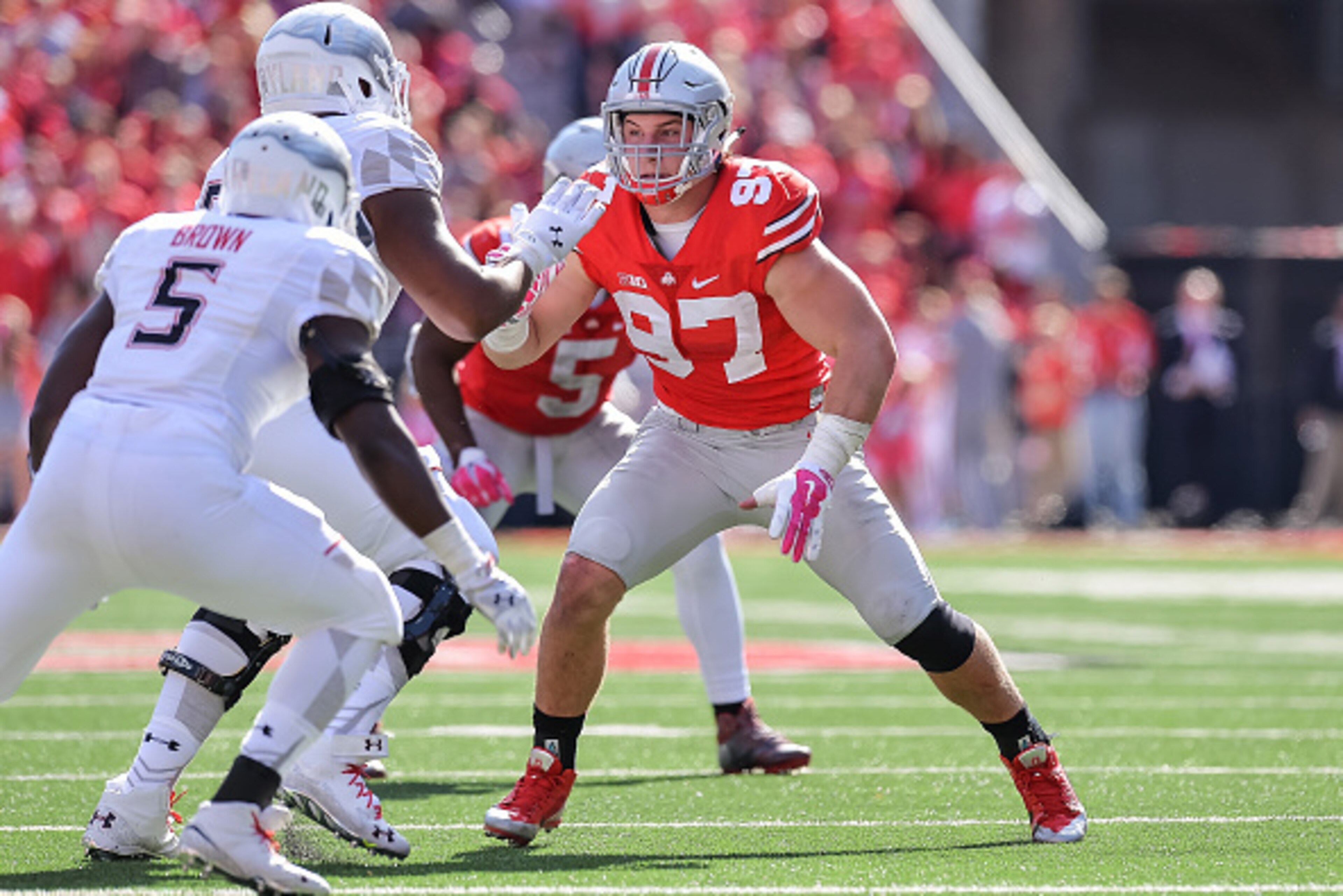 COLUMBUS, OH - OCTOBER 10: Joey Bosa #97 of the Ohio State Buckeyes attempts to get into the backfield against the Maryland Terrapins at Ohio Stadium on October 10, 2015 in Columbus, Ohio.  (Photo by Jamie Sabau/Getty Images)