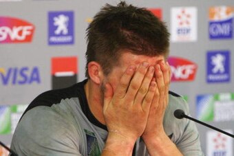 CARDIFF, UNITED KINGDOM - OCTOBER 06:  Richie McCaw of New Zealand can't hide his disappointment at the post-match press conference during the Quarter Final of the Rugby World Cup 2007 match between New Zealand and France at the Millennium Stadium on Octo