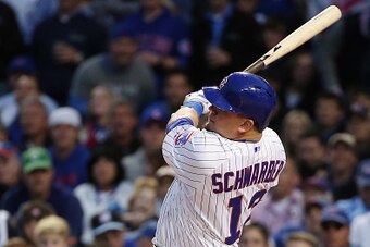 CHICAGO, IL - OCTOBER 13:  Kyle Schwarber #12 of the Chicago Cubs hits a solo home run in the seventh inning against the St. Louis Cardinals during game four of the National League Division Series at Wrigley Field on October 13, 2015 in Chicago, Illinois.