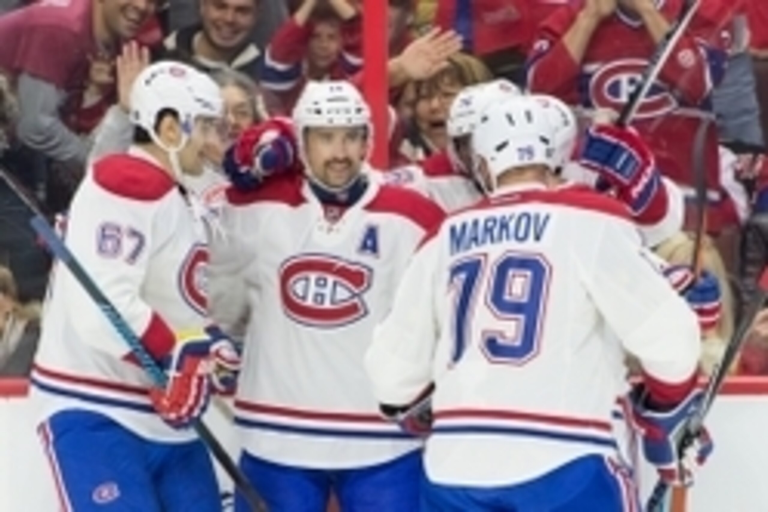 Oct 11, 2015; Ottawa, Ontario, CAN; Montreal Canadiens Tomas Plekanec (14) celebrates with teammates after scoring a goal in the first period against the Ottawa Senators at Canadian Tire Centre. Mandatory Credit: Marc DesRosiers-USA TODAY Sports