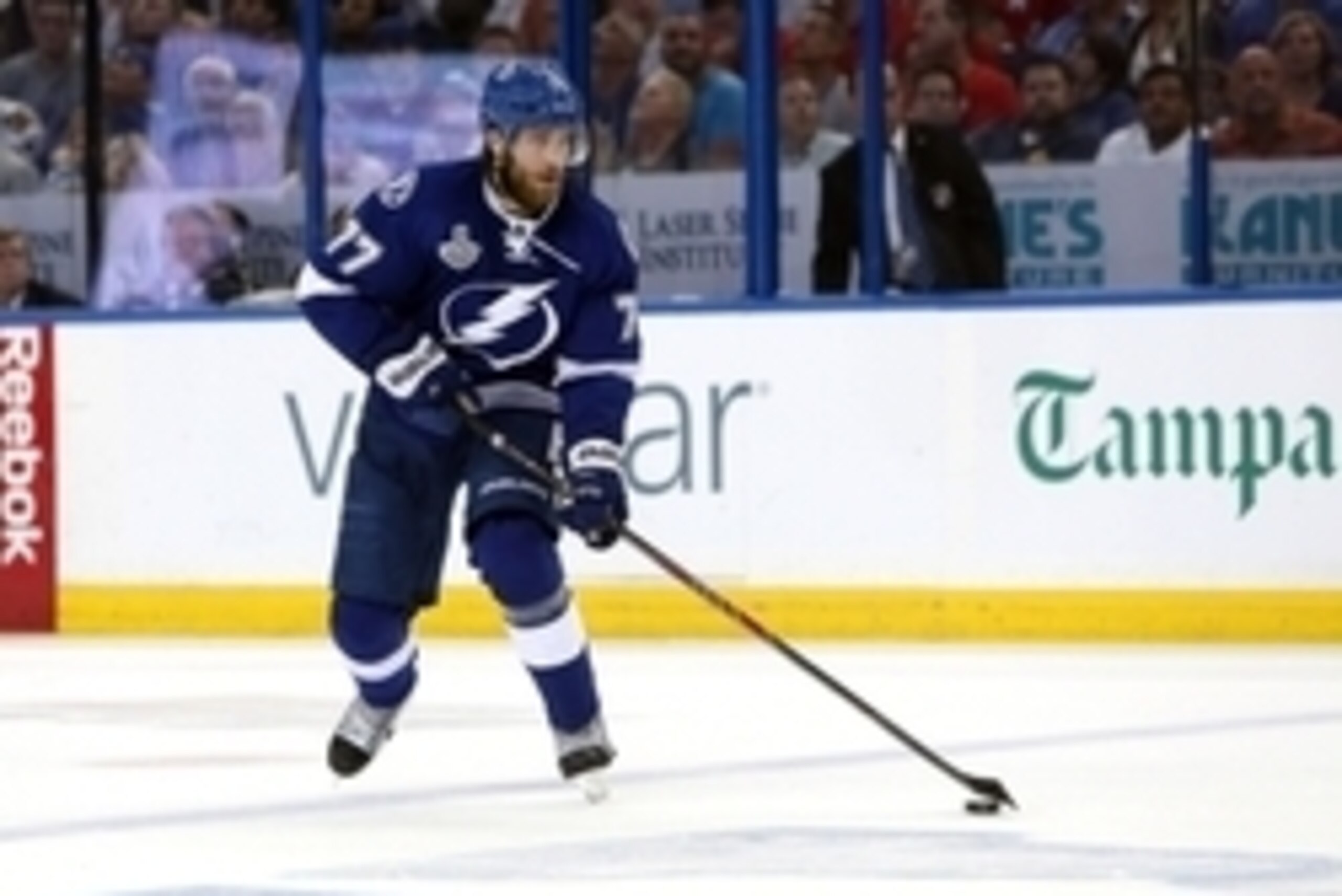 Jun 13, 2015; Tampa, FL, USA; Tampa Bay Lightning defenseman Victor Hedman (77) skates with the puck during the second period at game five of the 2015 Stanley Cup Final at Amalie Arena. Mandatory Credit: Kim Klement-USA TODAY Sports