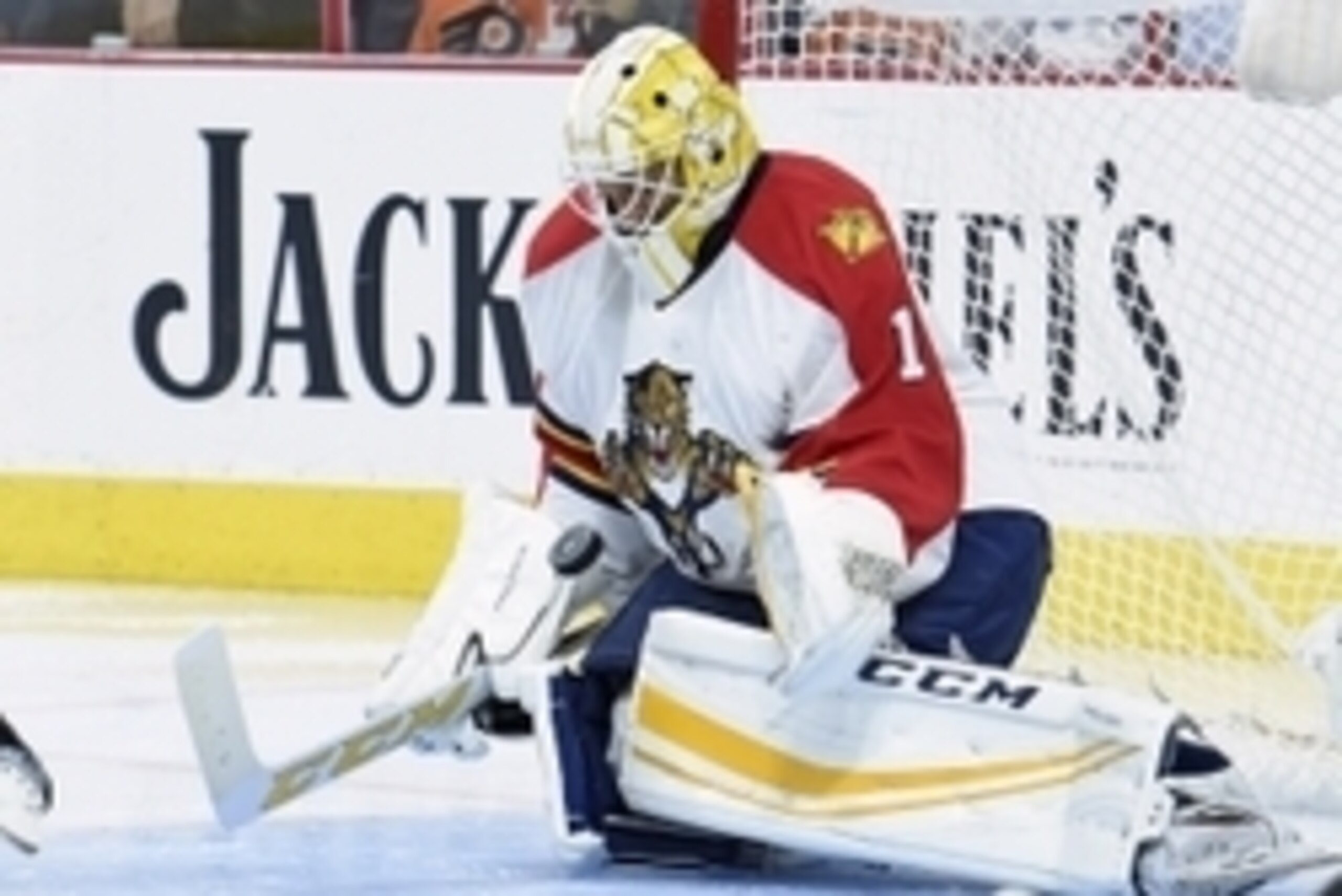 Oct 12, 2015; Philadelphia, PA, USA; Florida Panthers goalie Roberto Luongo (1) makes against the Philadelphia Flyers during the second period at Wells Fargo Center. Mandatory Credit: Eric Hartline-USA TODAY Sports