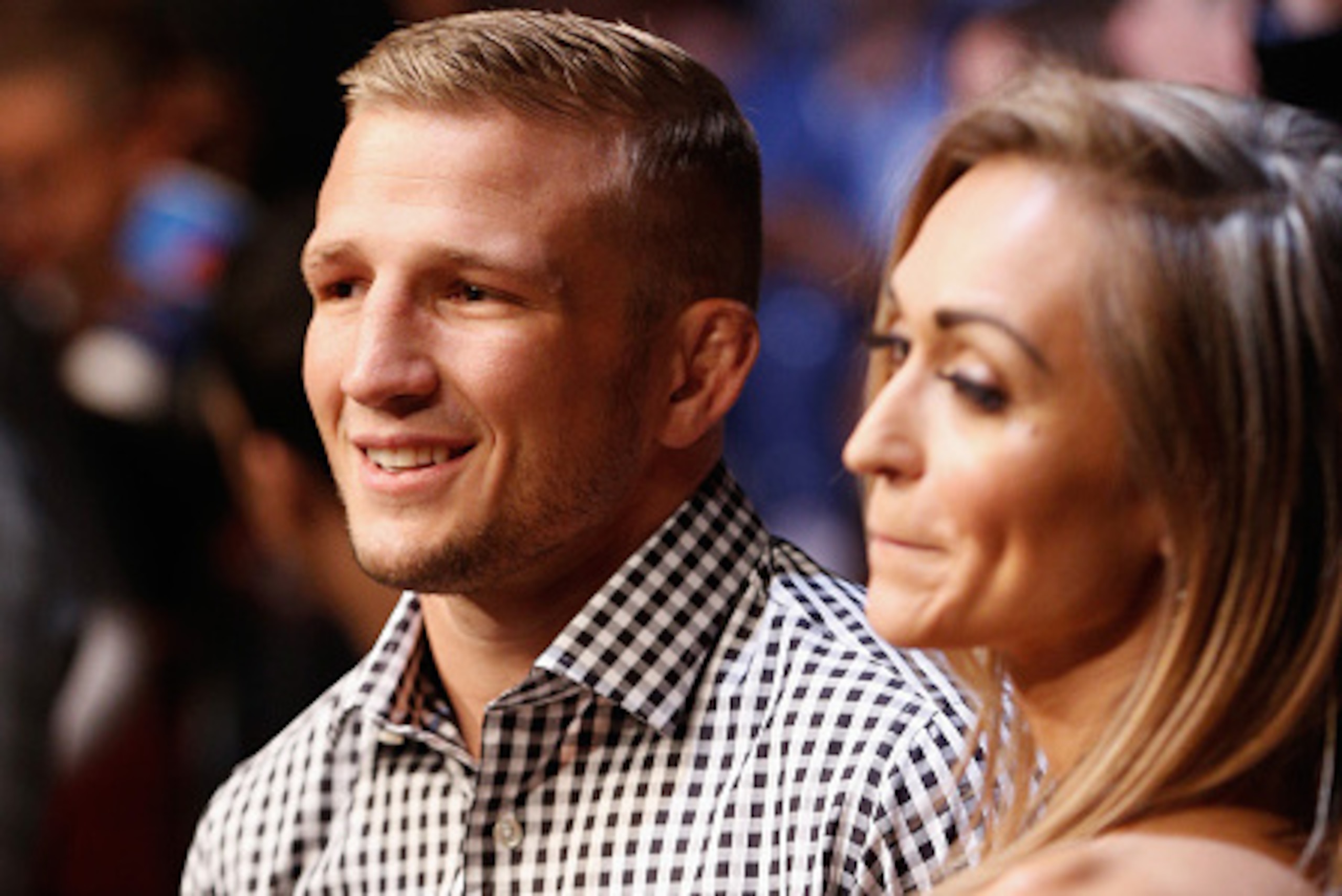 LAS VEGAS, NV - DECEMBER 06:  UFC bantamweight champion TJ Dillashaw and his wife Rebecca in attendance during the UFC 181 event inside the Mandalay Bay Events Center on December 6, 2014 in Las Vegas, Nevada.  (Photo by Josh Hedges/Zuffa LLC/Zuffa LLC via
