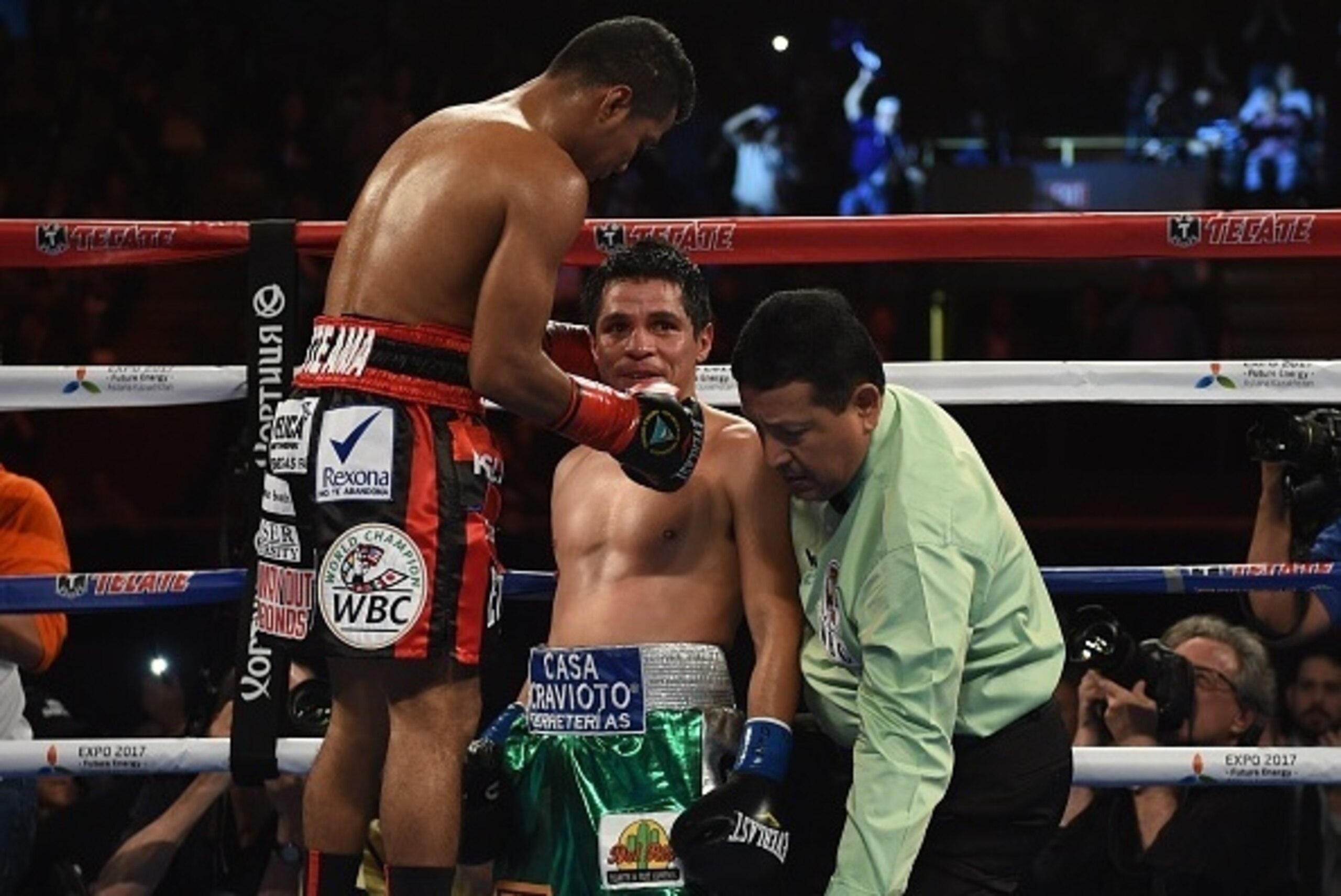 Boxer Roman Gonzalez (L) of Nicaragua knocks out Edgar Sosa of Mexico in the second round of their WBC Flyweight World Championship bout at the Forum Arena in Los Angeles, California on May 16, 2015.          AFP PHOTO / MARK RALSTON        (Photo credit 