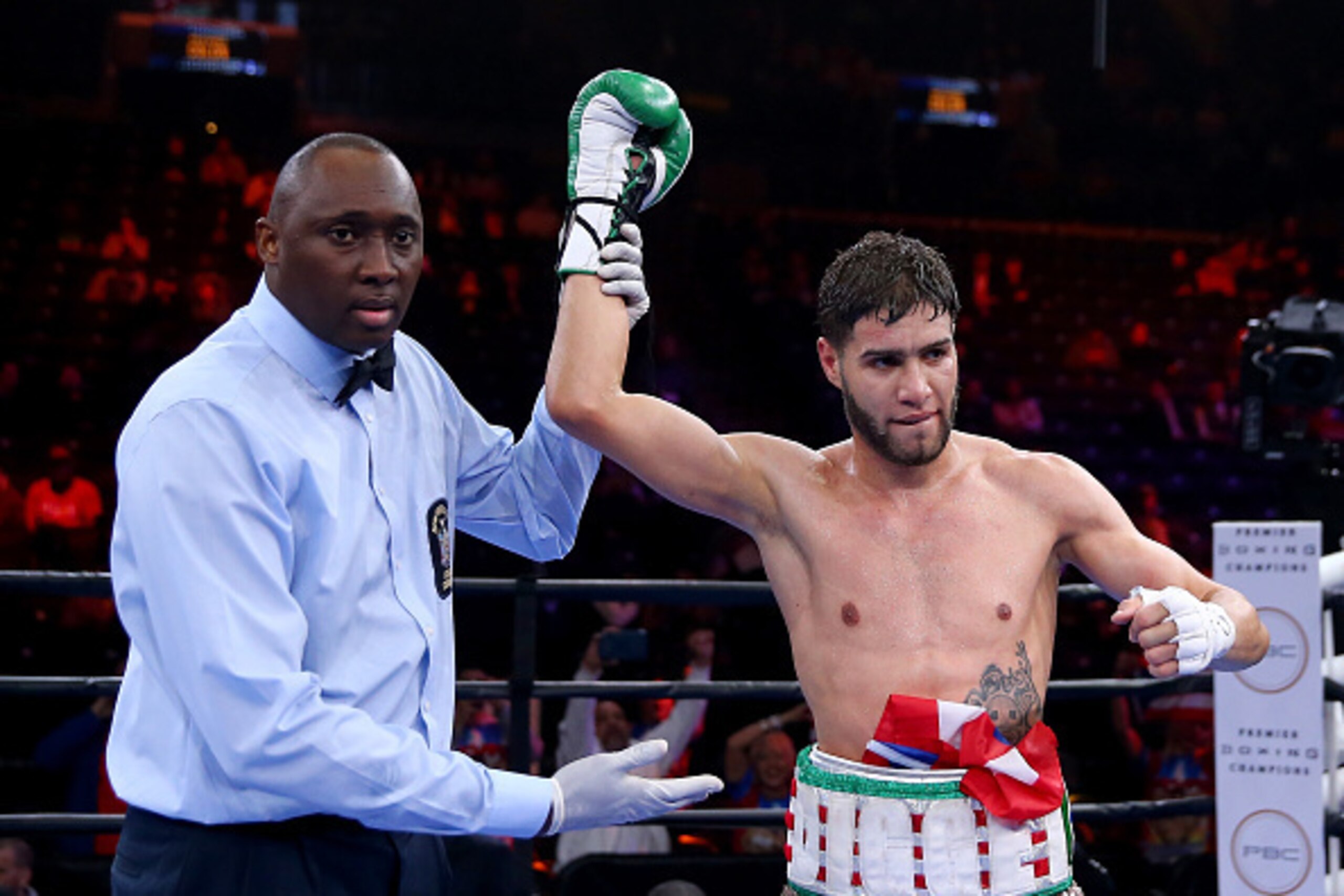 NEW YORK, NY - APRIL 11:  Prichard Colon celebrates his win over Daniel Calzada during the Premier Boxing Champions Junior Middleweight bout at Barclays Center on April 11, 2015 in the Brooklyn borough of New York City.  (Photo by Elsa/Getty Images)