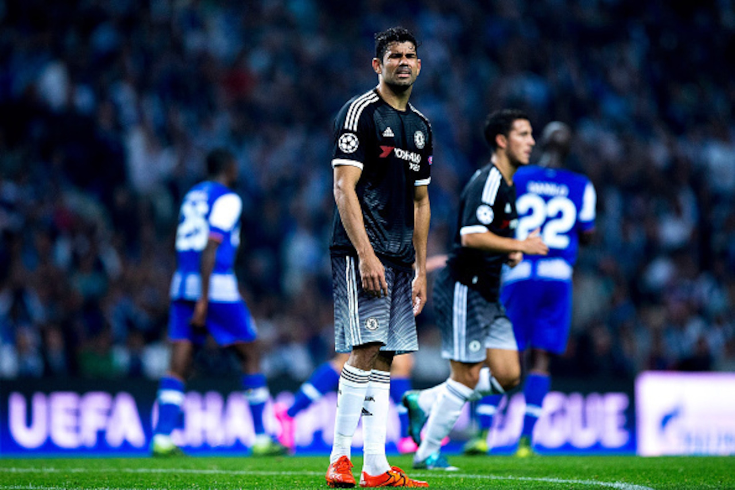 PORTO, PORTUGAL - SEPTEMBER 29: Diego Costa of Chelsea FC reacts defeated during the UEFA Champions League Group G match between FC Porto and Chelsea FC  at Estadio do Dragao on September 29, 2015 in Porto, Portugal.  (Photo by Gonzalo Arroyo Moreno/Getty