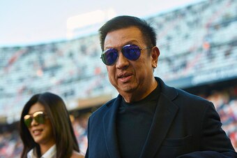 VALENCIA, SPAIN - JANUARY 04:  New owner of Valencia CF Peter Lim looks on prior to the start of the La Liga match between Valencia CF and Real Madrid CF at Estadi de Mestalla on January 4, 2015 in Valencia, Spain.  (Photo by Manuel Queimadelos Alonso/Get