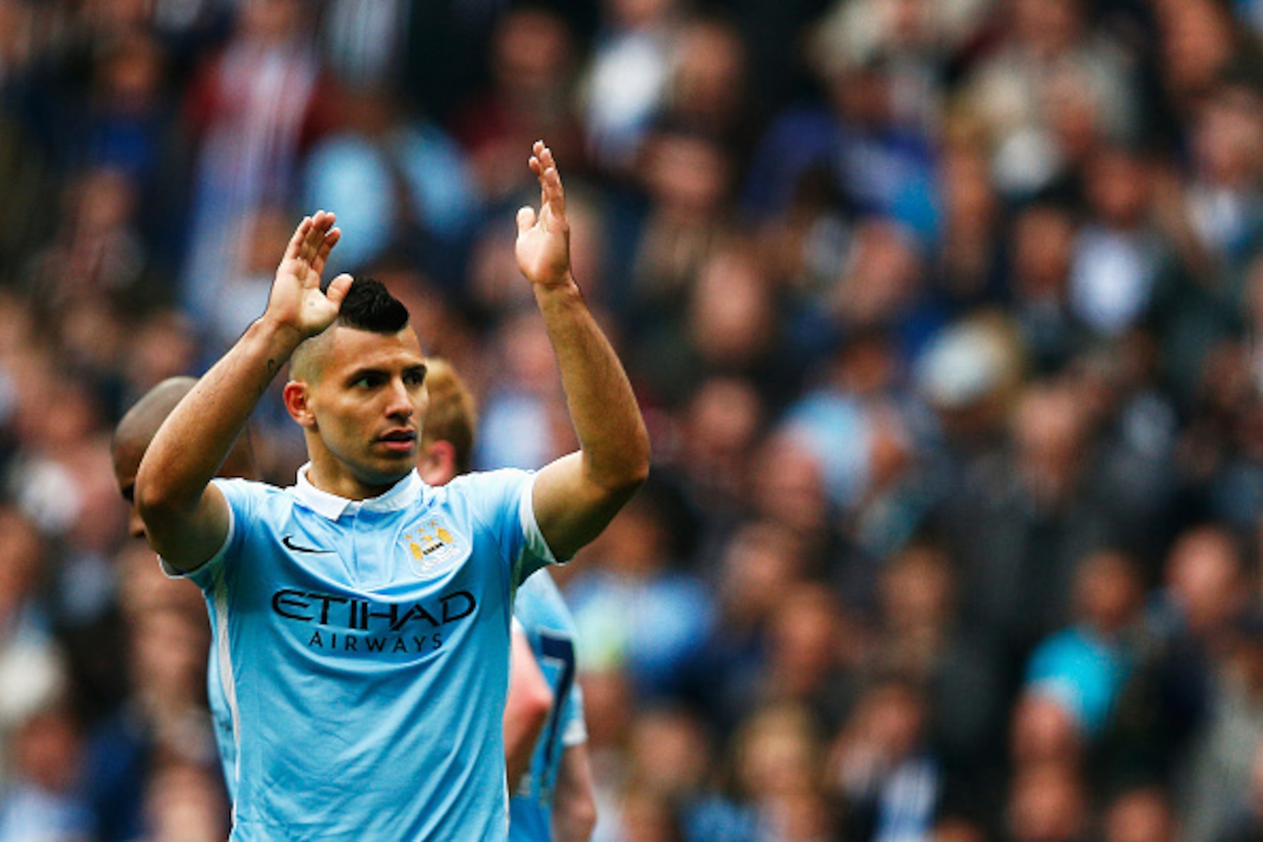 MANCHESTER, ENGLAND - OCTOBER 03: Sergio Aguero of Manchester City celebrates scoring his fourth and team's fifth goal during the Barclays Premier League match between Manchester City and Newcastle United at Etihad Stadium on October 3, 2015 in Mancheste MANCHESTER, ENGLAND - OCTOBER 03: Sergio Aguero of Manchester City celebrates scoring his fourth and team's fifth goal during the Barclays Premier League match between Manchester City and Newcastle United at Etihad Stadium on October 3, 2015 in Mancheste