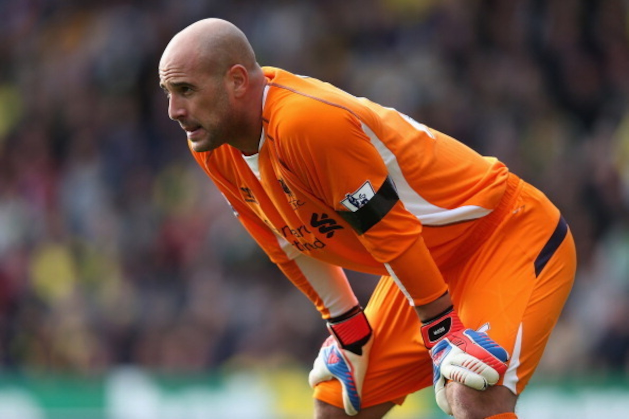 NORWICH, ENGLAND - SEPTEMBER 29:  Pepe Reina of Liverpool looks on during the Barclays Premier League match between Norwich City and Liverpool at Carrow Road on September 29, 2012 in Norwich, England.  (Photo by Julian Finney/Getty Images)