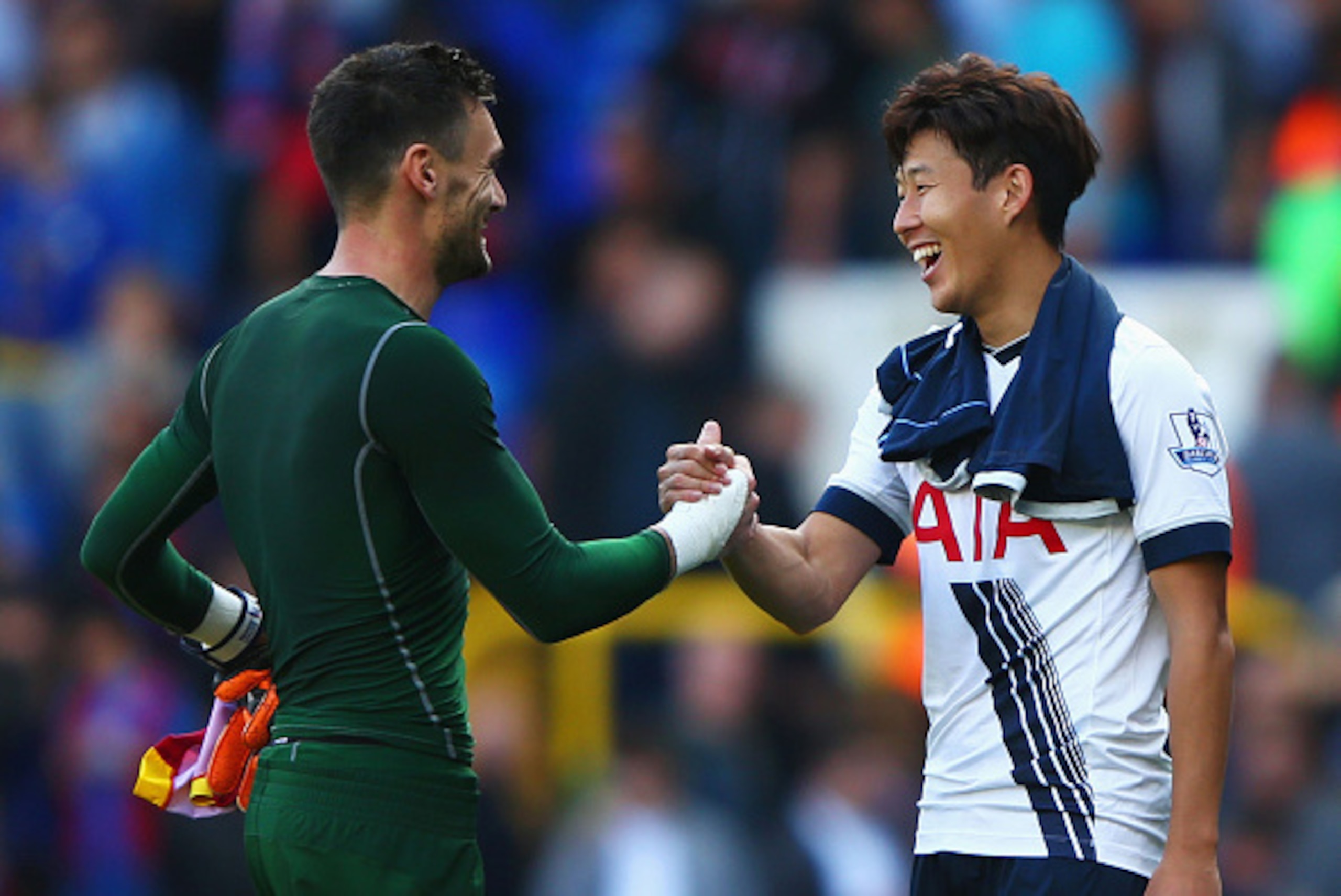 LONDON, ENGLAND - SEPTEMBER 20:  Hugo Lloris of Tottenham Hotspur shakes hands with Son Heung-Min of Tottenham Hotspur after victory in the Barclays Premier League match between Tottenham Hotspur and Crystal Palace at White Hart Lane on September 20, 2015