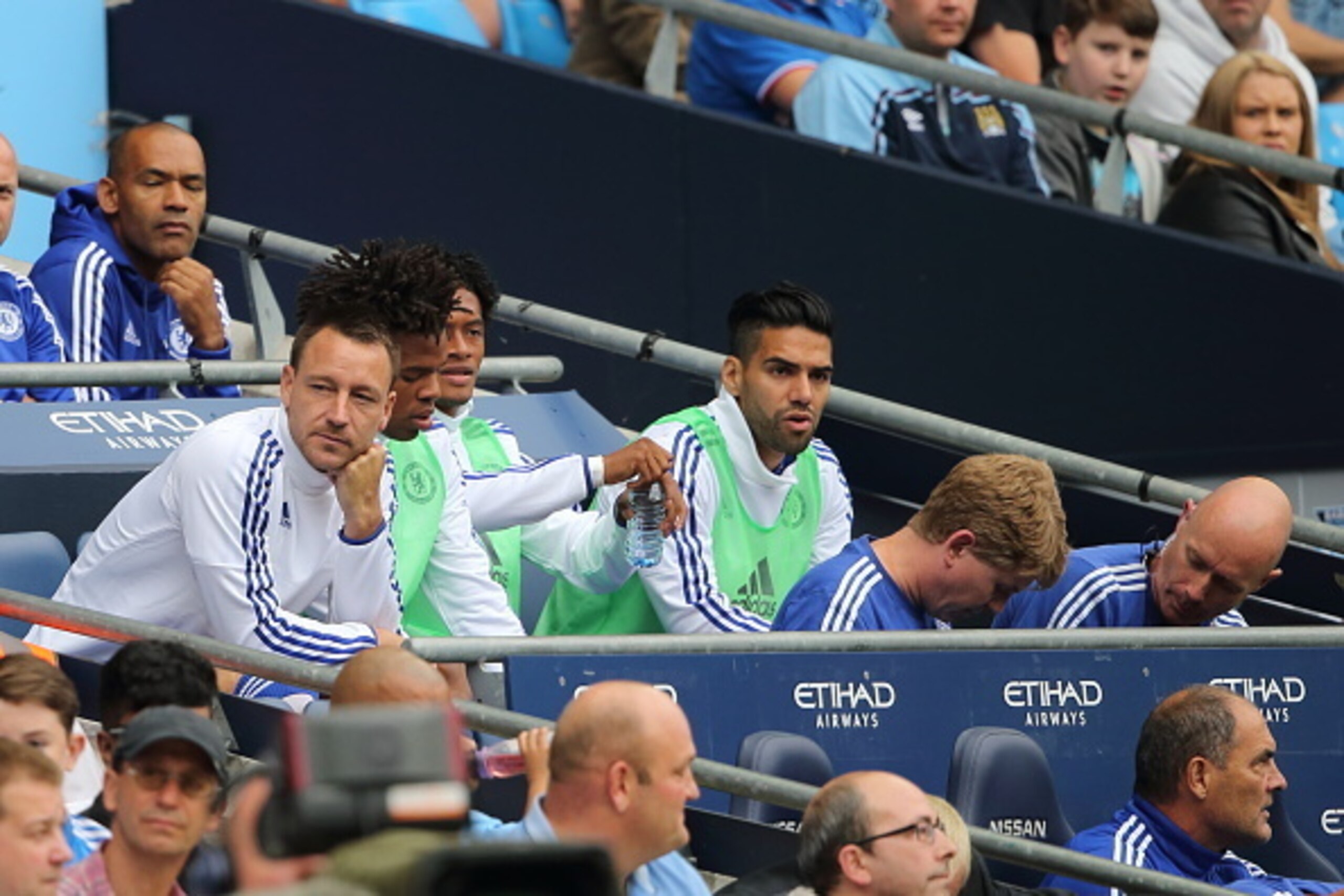 MANCHESTER, ENGLAND - AUGUST 16:  John Terry of Chelsea sits on the bench after being substituted at half time during the Barclays Premier League match between Manchester City and Chelsea at the Etihad Stadium on August 16, 2015 in Manchester, England.  (