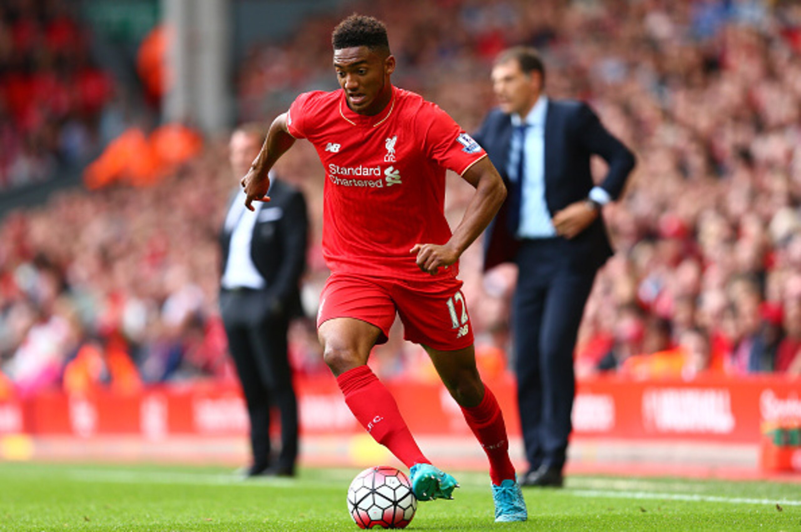 LIVERPOOL, ENGLAND - AUGUST 29: Joe Gomez of Liverpool in aciton  during the Barclays Premier League match between Liverpool and West Ham United at Anfield on August 29, 2015 in Liverpool, England.  (Photo by Clive Mason/Getty Images)