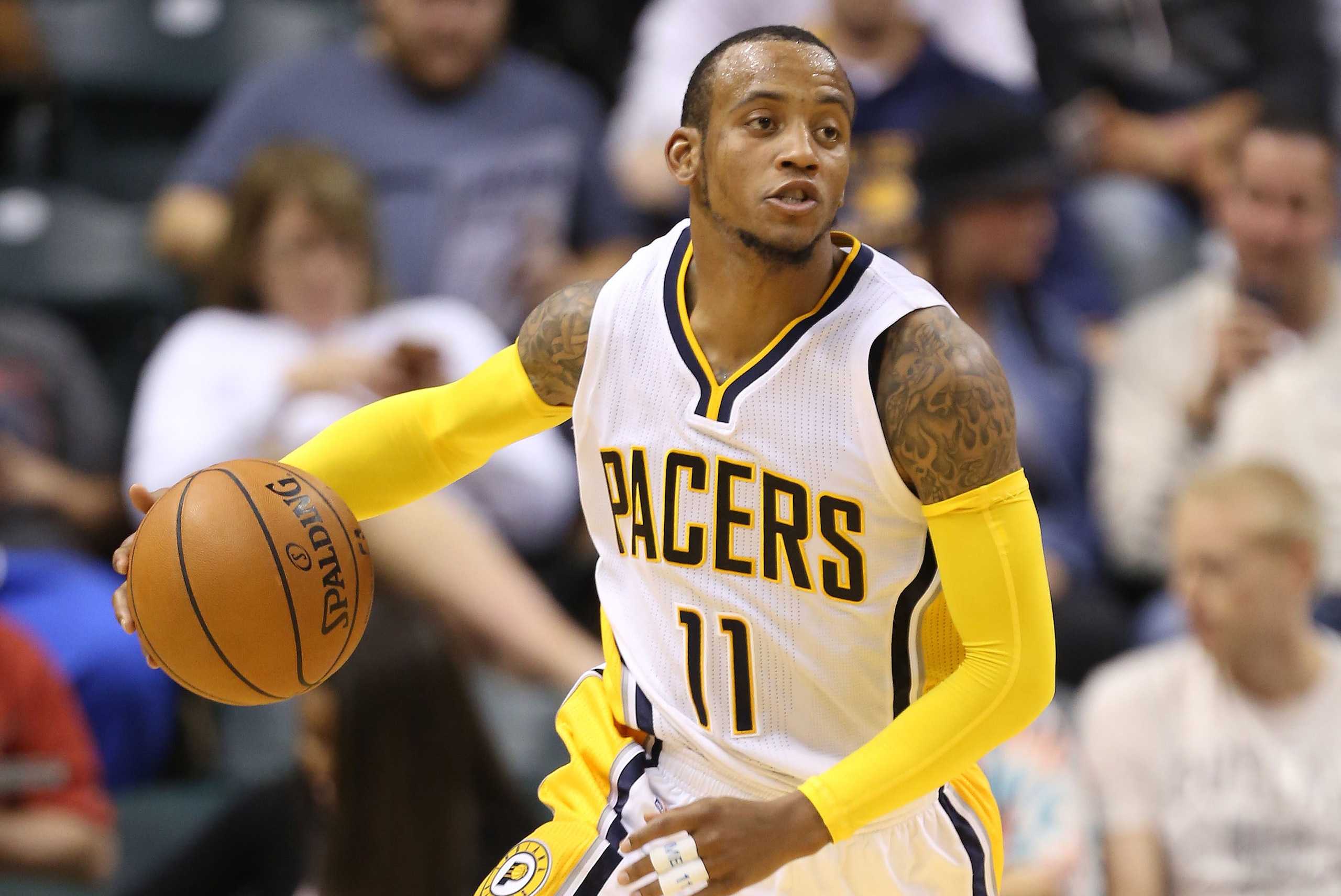 Oct 8, 2015; Indianapolis, IN, USA; Indiana Pacers guard Monta Ellis (11) brings the ball up court against the Orlando Magic at Bankers Life Fieldhouse. Indiana defeats Orlando 97-92. Mandatory Credit: Brian Spurlock-USA TODAY Sports