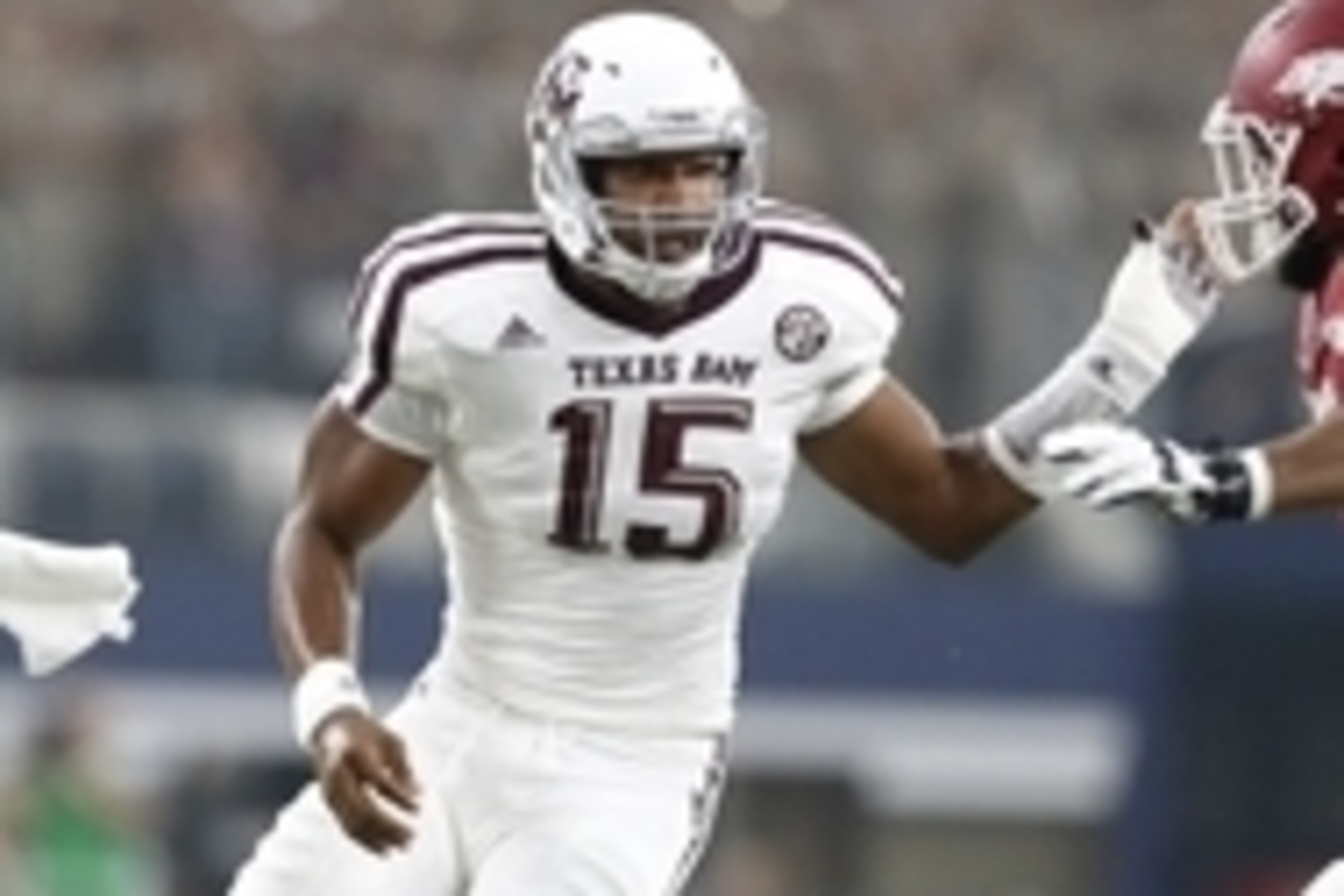 Sep 26, 2015; Arlington, TX, USA; Texas A&M Aggies defensive lineman Myles Garrett (15) in action against the Arkansas Razorbacks at AT&T Stadium. Mandatory Credit: Matthew Emmons-USA TODAY Sports