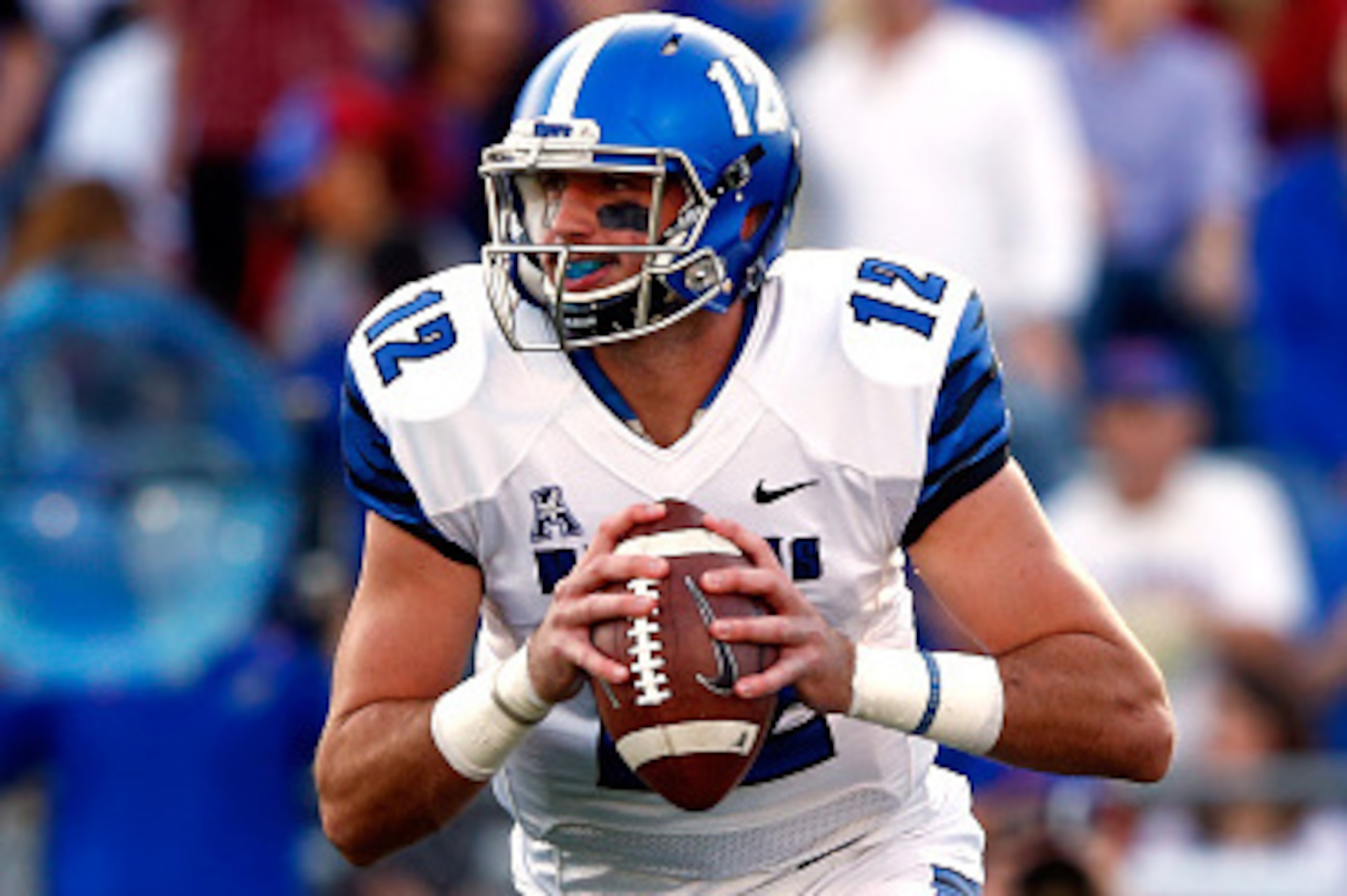 LAWRENCE, KS - SEPTEMBER 12:  Quarterback Paxton Lynch #12 of the Memphis Tigers in action during the game against the Kansas Jayhawks at Memorial Stadium on September 12, 2015 in Lawrence, Kansas.  (Photo by Jamie Squire/Getty Images)