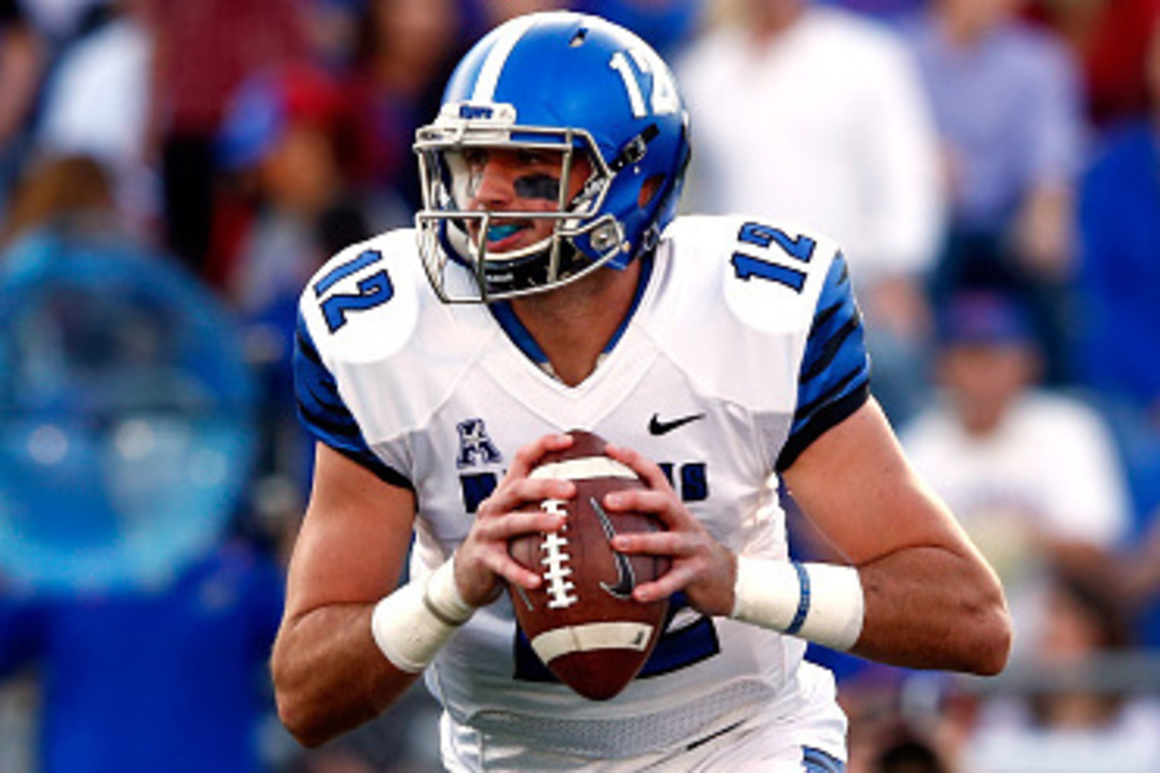 LAWRENCE, KS - SEPTEMBER 12:  Quarterback Paxton Lynch #12 of the Memphis Tigers in action during the game against the Kansas Jayhawks at Memorial Stadium on September 12, 2015 in Lawrence, Kansas.  (Photo by Jamie Squire/Getty Images)