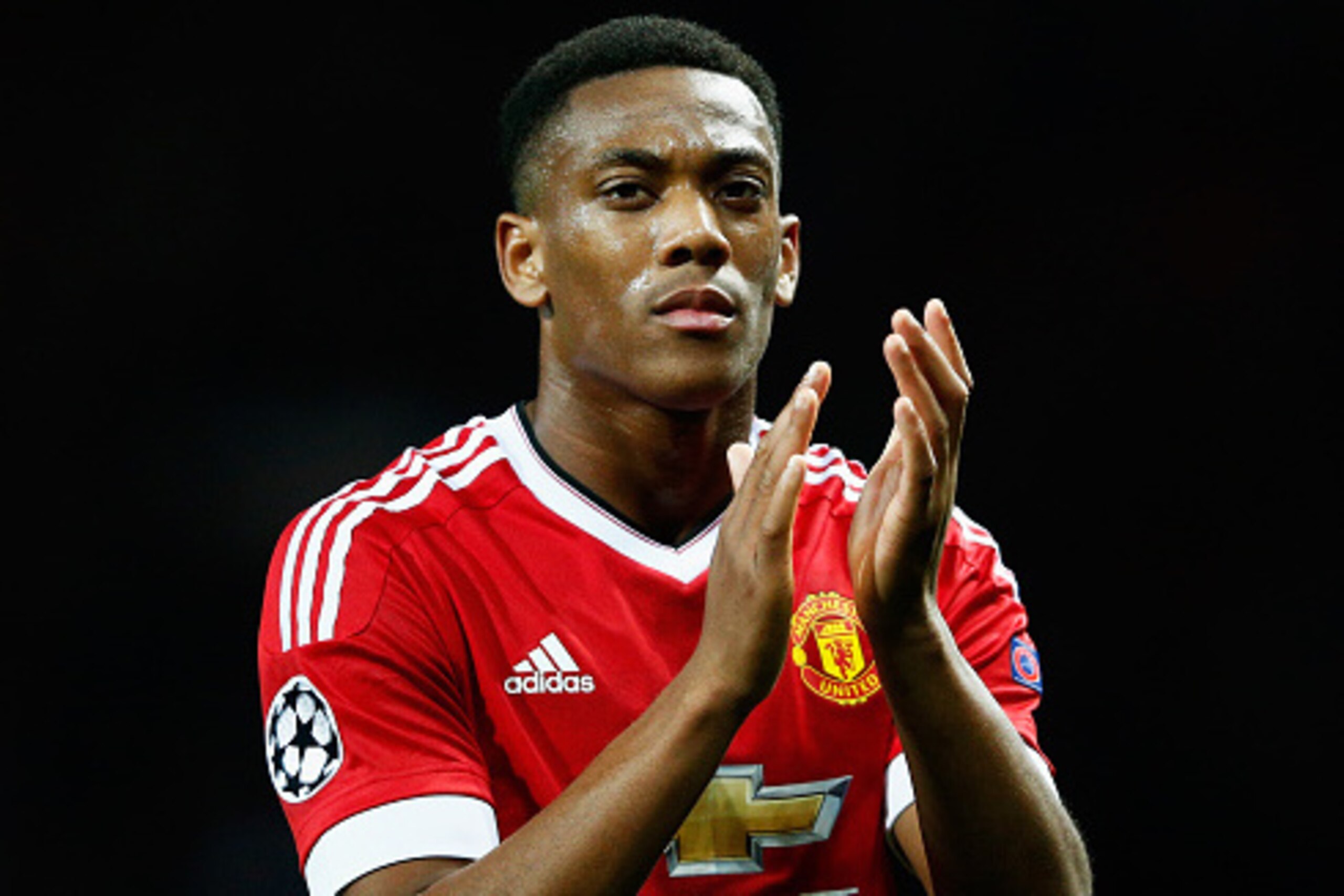 MANCHESTER, ENGLAND - SEPTEMBER 30:  Anthony Martial of Manchester United applauds the crowd after victory in the UEFA Champions League Group B match between Manchester United FC and VfL Wolfsburg at Old Trafford on September 30, 2015 in Manchester, Unite