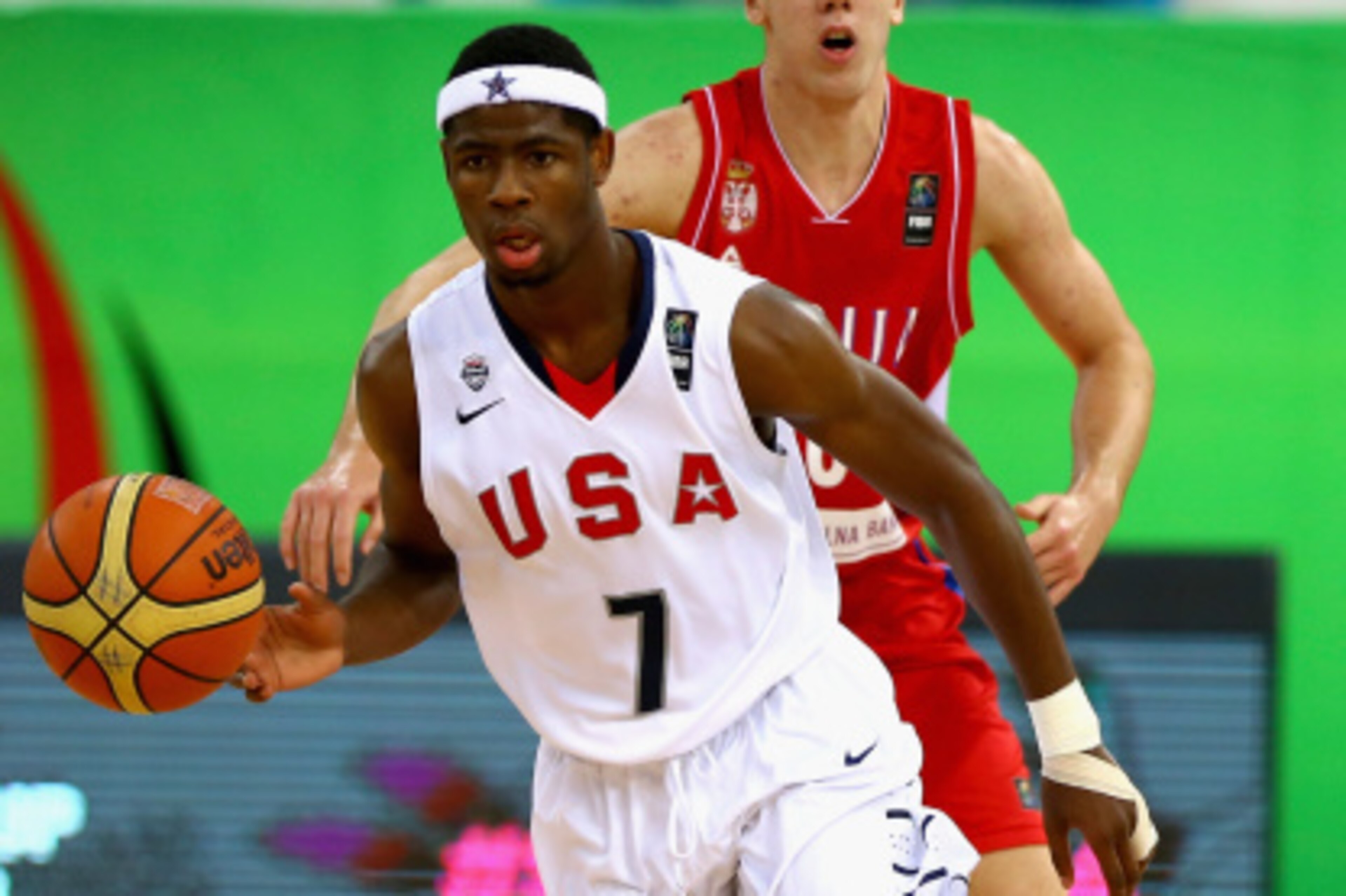 DUBAI, UNITED ARAB EMIRATES - AUGUST 15: Malik Newman of the United States drives the ball forward  during the FIBA U17 World Championships Semi-Final match between Serbia and United States of America at the Hamdan Sports Complex on August 15, 2014 in Dub