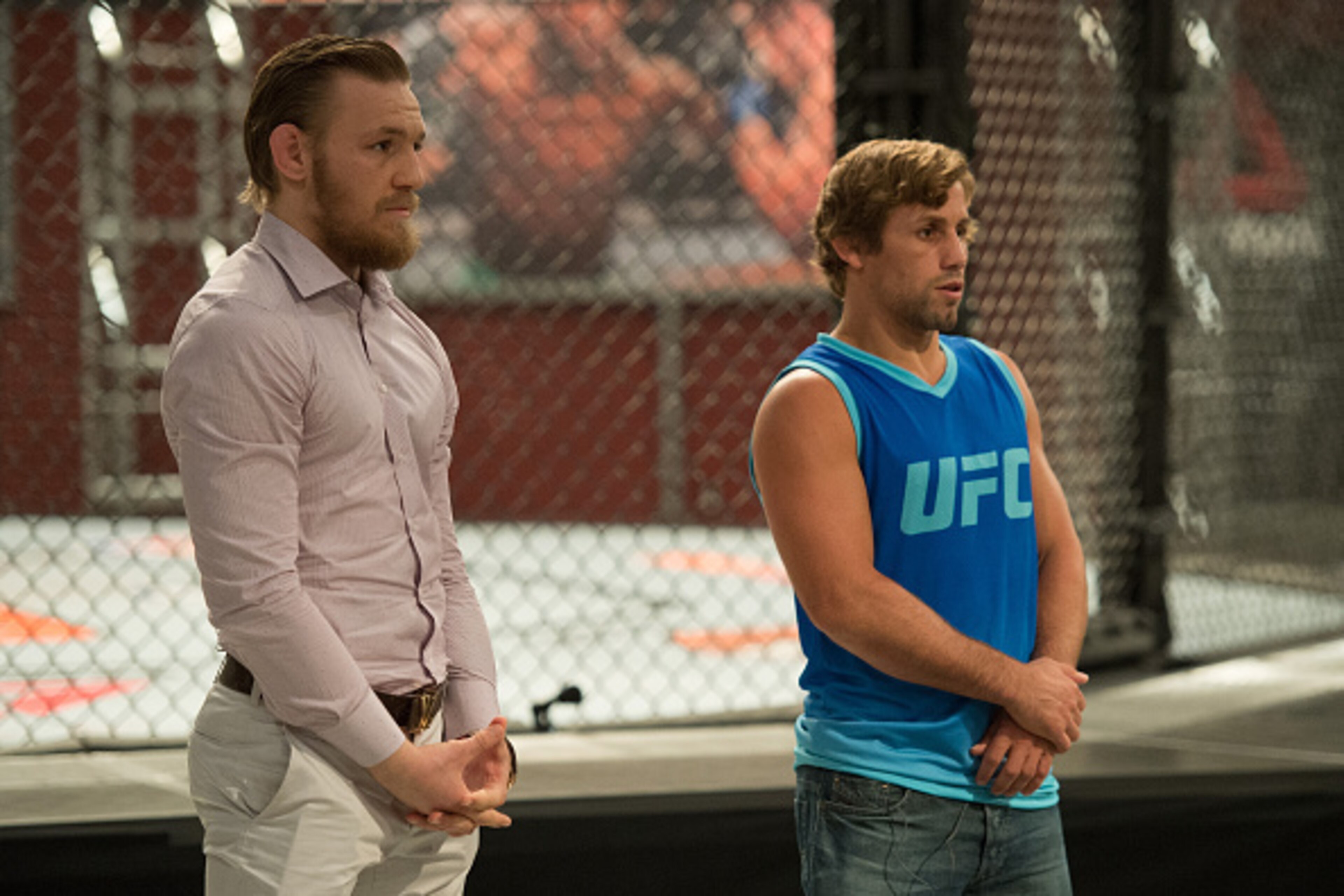 LAS VEGAS, NV - JULY 27:  (L-R) Head coaches Conor McGregor and Urijah Faber prepare to pick the fighters for their next fight during the filming of The Ultimate Fighter: Team McGregor vs Team Faber at the UFC TUF Gym on July 27, 2015 in Las Vegas, Nevada