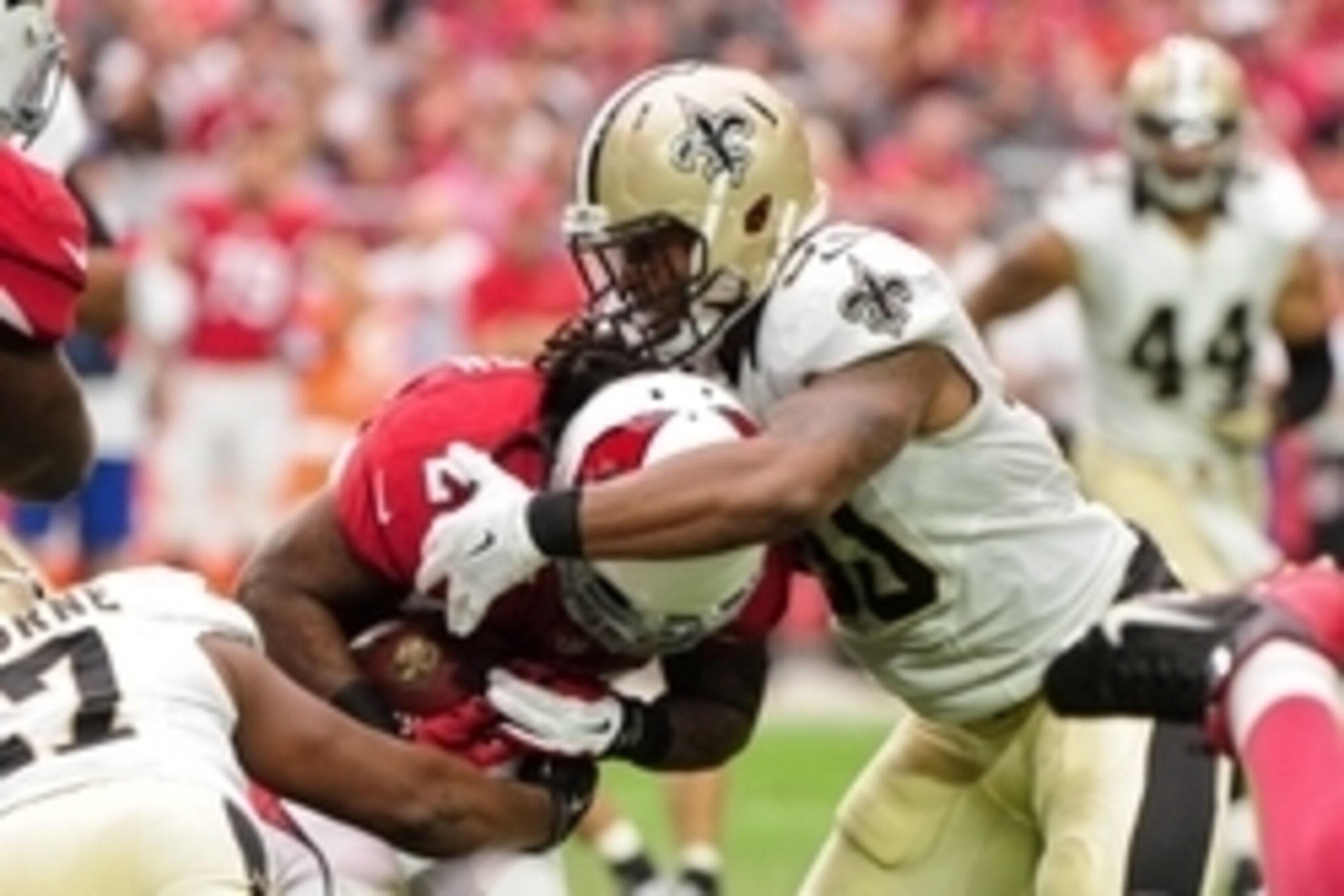 Sep 13, 2015; Glendale, AZ, USA; Arizona Cardinals running back Chris Johnson (23) is stopped by New Orleans Saints inside linebacker Stephone Anthony (50) during the first half at University of Phoenix Stadium. Mandatory Credit: Matt Kartozian-USA TODAY Sep 13, 2015; Glendale, AZ, USA; Arizona Cardinals running back Chris Johnson (23) is stopped by New Orleans Saints inside linebacker Stephone Anthony (50) during the first half at University of Phoenix Stadium. Mandatory Credit: Matt Kartozian-USA TODAY