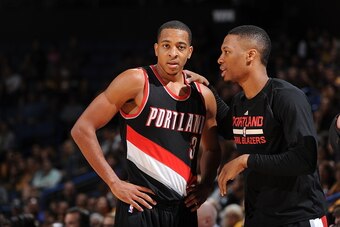 Ontario, CA- OCTOBER 22: CJ McCollum #3 and Damian Lillard #0 of the Portland Trail Blazers during a game against the Los Angeles Lakers at the Citizens Business Bank Arena in Ontario, California on October 22, 2014 . NOTE TO USER: User expressly acknowle