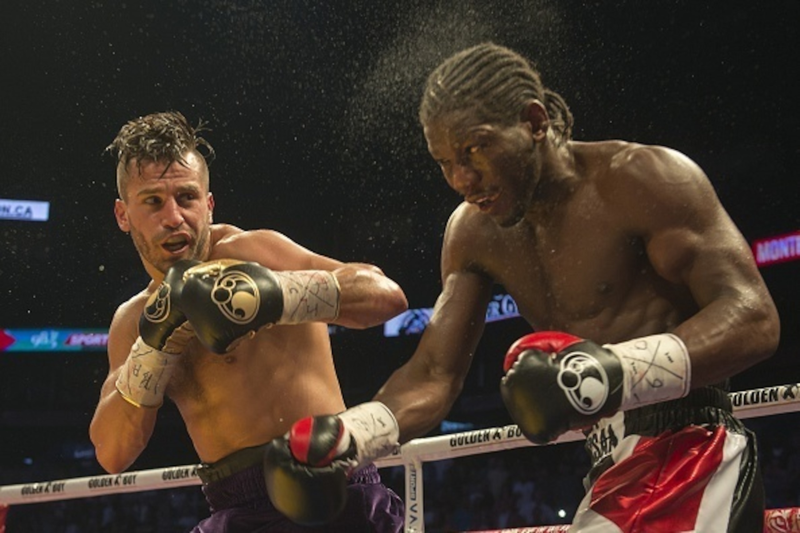 French-Cameroonian boxer Hassan N'Dam (R) and Canadian David Lemieux (L) battle for the IBF world middleweight championship in Montreal,  Canada,  June 20, 2015 Lemieux knocked down N'Dam four times en route to a unanimous 12-round decision to claim the v
