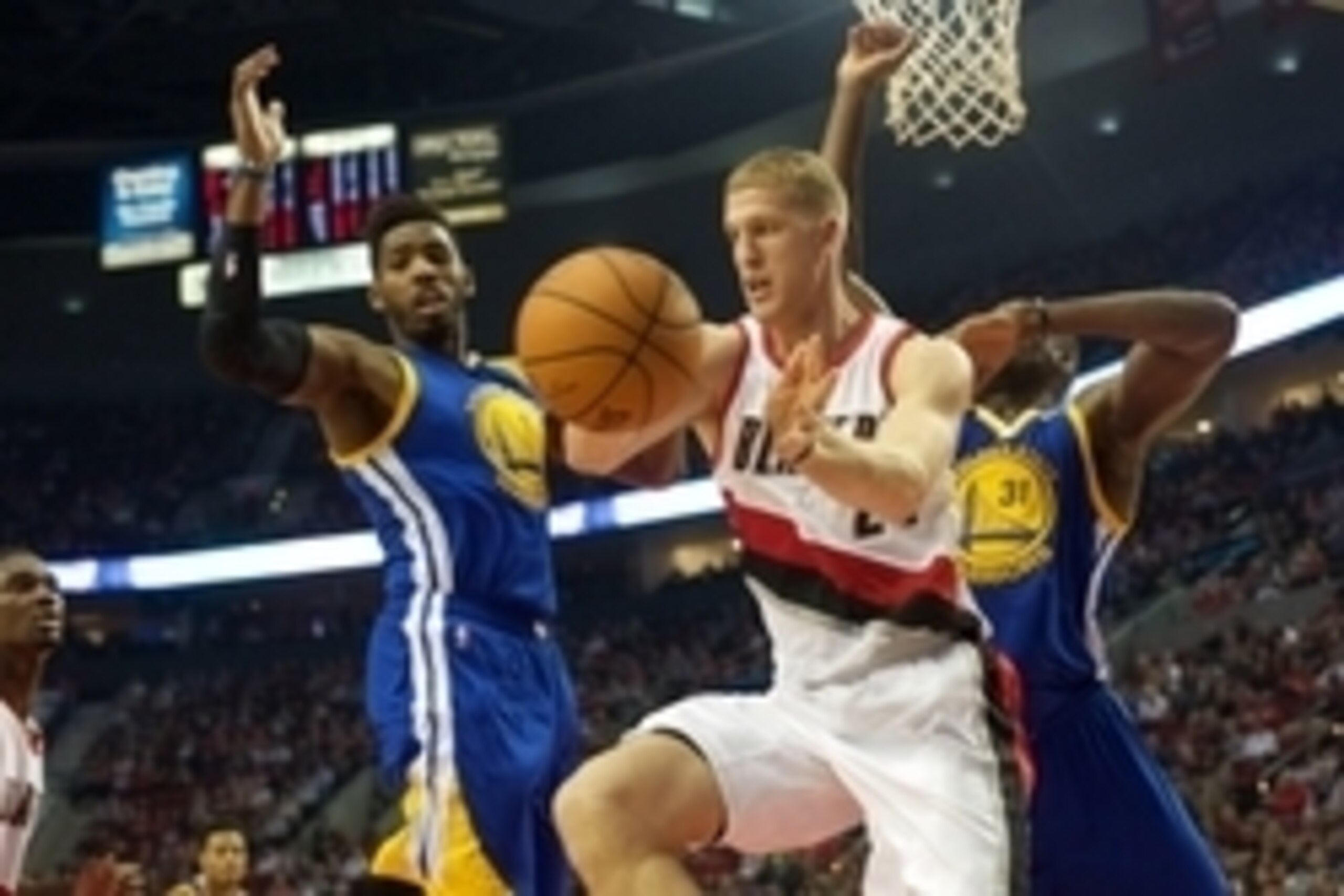 Oct 8, 2015; Portland, OR, USA; Portland Trail Blazers forward Mason Plumlee (24) passes the ball around Golden State Warriors forward Jason Thompson (1) at Moda Center at the Rose Quarter. Mandatory Credit: Jaime Valdez-USA TODAY Sports Oct 8, 2015; Portland, OR, USA; Portland Trail Blazers forward Mason Plumlee (24) passes the ball around Golden State Warriors forward Jason Thompson (1) at Moda Center at the Rose Quarter. Mandatory Credit: Jaime Valdez-USA TODAY Sports