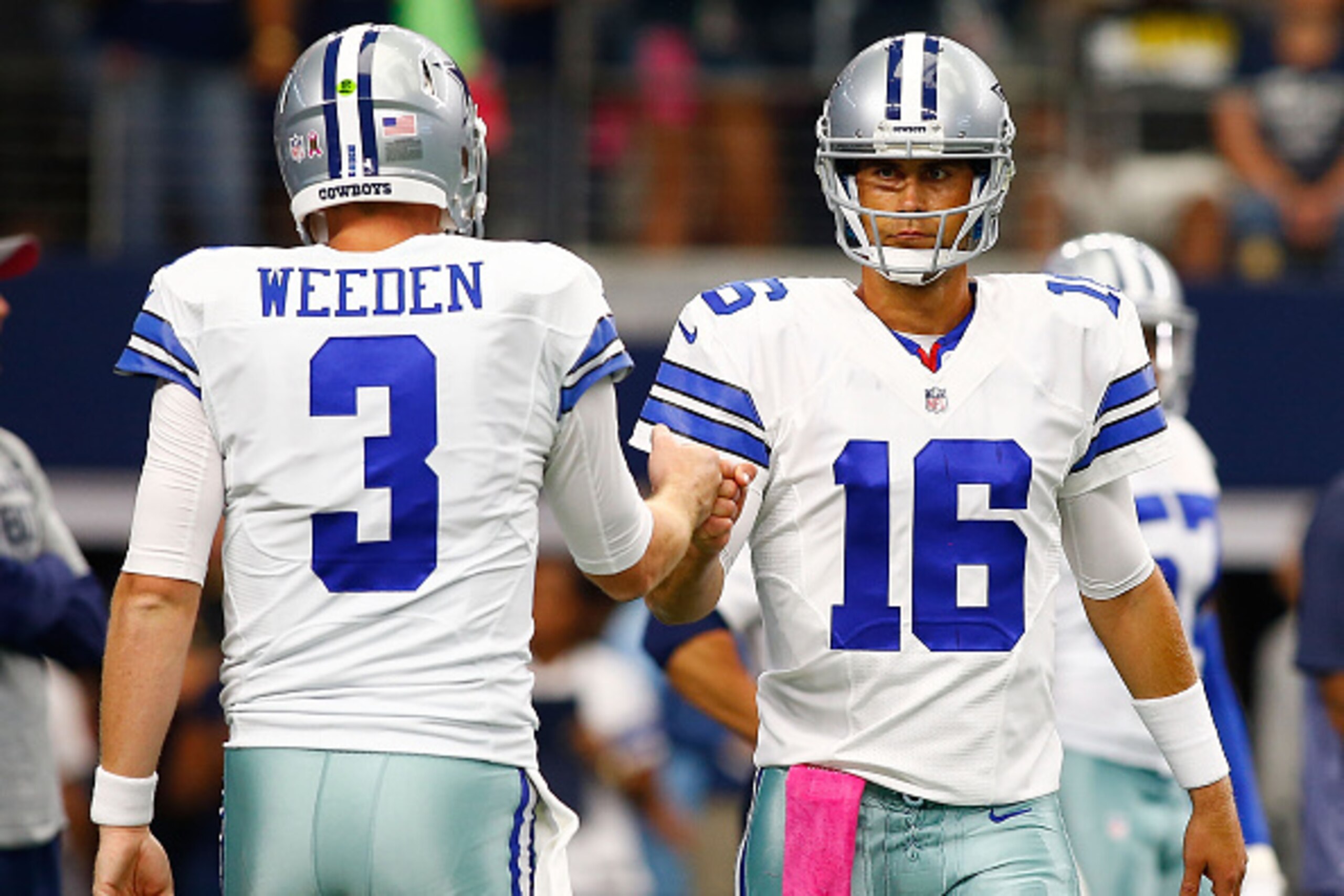 ARLINGTON, TX - OCTOBER 11: Dallas Cowboys Brandon Weeden #3 of the Dallas Cowboys and Matt Cassel #16 of the Dallas Cowboys fist bump before the start of their NFL game against the New England Patriots at AT&T Stadium on October 11, 2015 in Arlington, T ARLINGTON, TX - OCTOBER 11: Dallas Cowboys Brandon Weeden #3 of the Dallas Cowboys and Matt Cassel #16 of the Dallas Cowboys fist bump before the start of their NFL game against the New England Patriots at AT&T Stadium on October 11, 2015 in Arlington, T