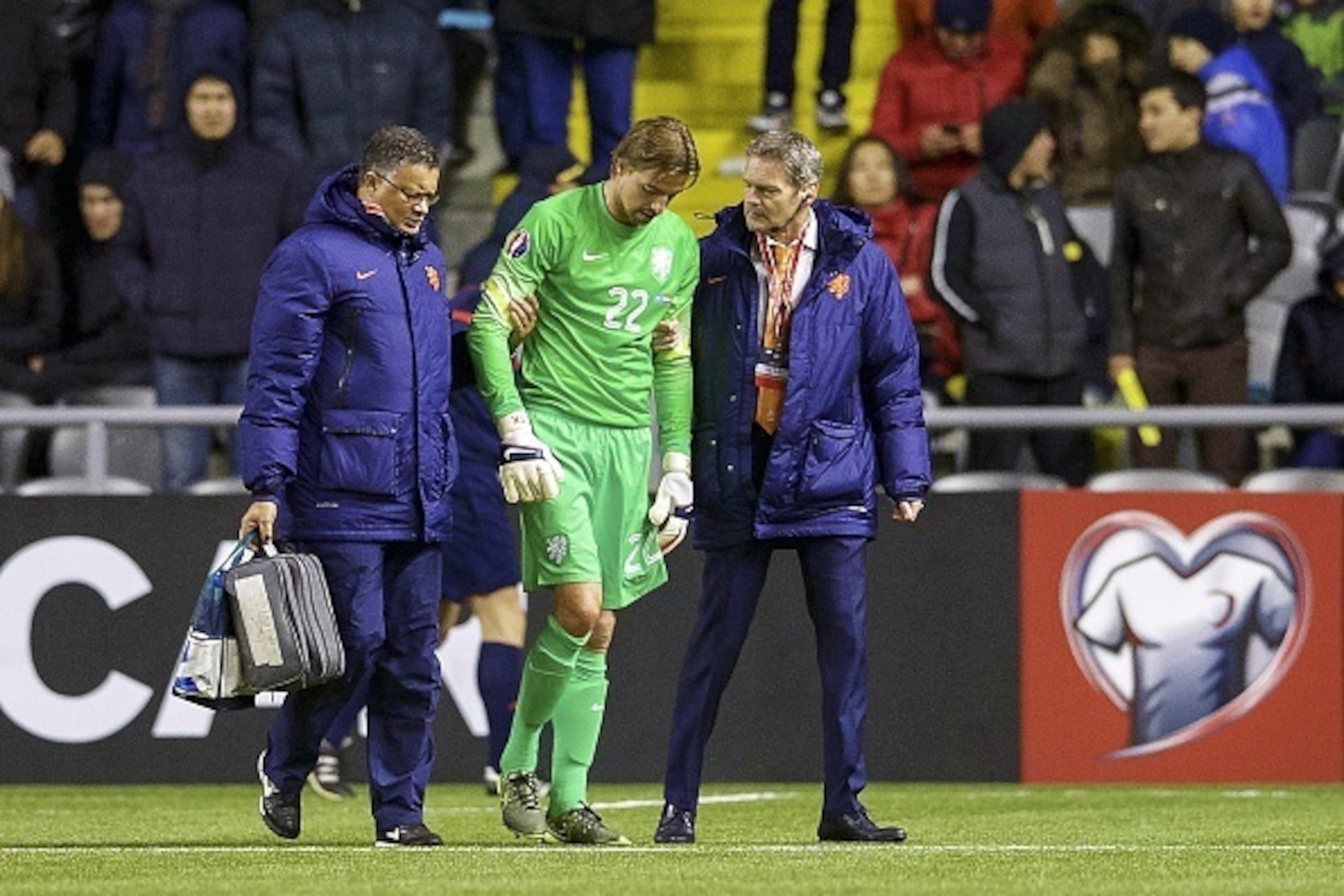 (L-R) care taker Ricardo Sander of Holland, goalkeeper Tim Krul of Holland, medic Edwin Goedhart of Holland during the EURO 2016 qualifying match between Kazachstan and The Netherlands on October 10, 2015 at the Astana Arena in Astana, Kazachstan.(Photo b