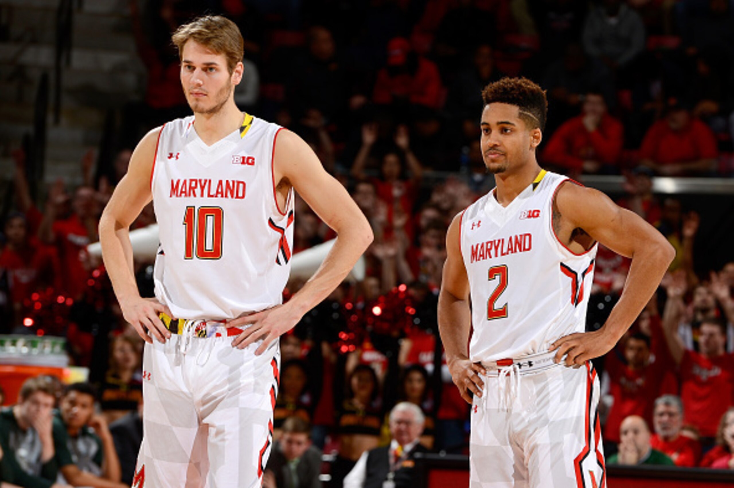 COLLEGE PARK, MD - JANUARY 17: Jake Layman #10 and Melo Trimble #2 of the Maryland Terrapins rest during a break in the game against the Michigan State Spartans at the Xfinity Center on January 17, 2015 in College Park, Maryland.  (Photo by G Fiume/Maryla