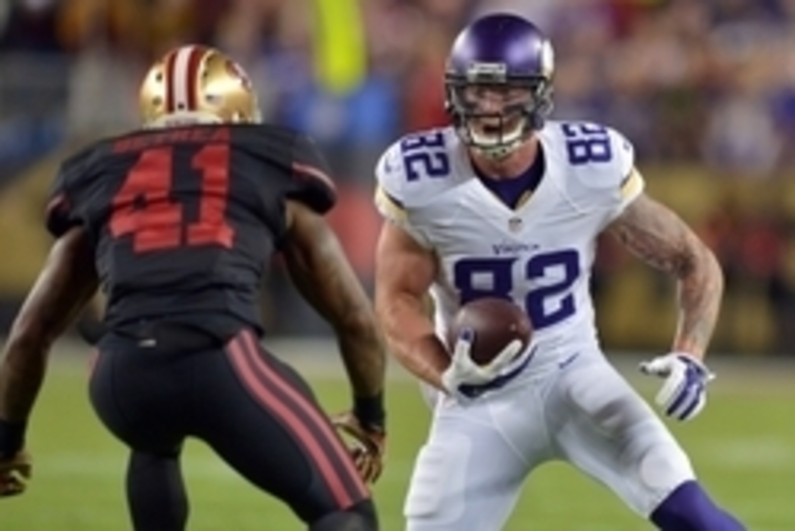 Sep 14, 2015; Santa Clara, CA, USA; Minnesota Vikings tight end Kyle Rudolph (82) is defended by San Francisco 49ers safety Antoine Bethea (41) at Levi's Stadium. Mandatory Credit: Kirby Lee-USA TODAY Sports