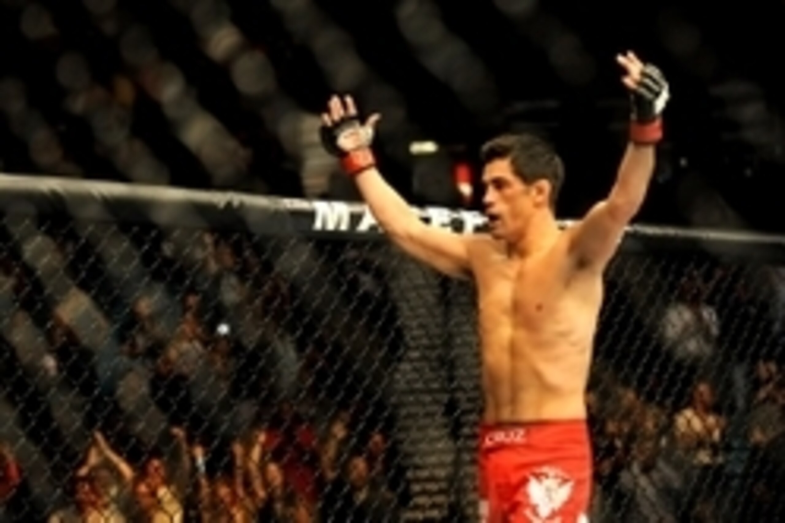 Sep 27, 2014; Las Vegas, NV, USA; Dominick Cruz celebrates his knockout victory in the first round over Takeya Mizugaki during a bantamweight fight in UFC 178 at MGM Grand Garden Arena. Mandatory Credit: Stephen R. Sylvanie-USA TODAY Sports