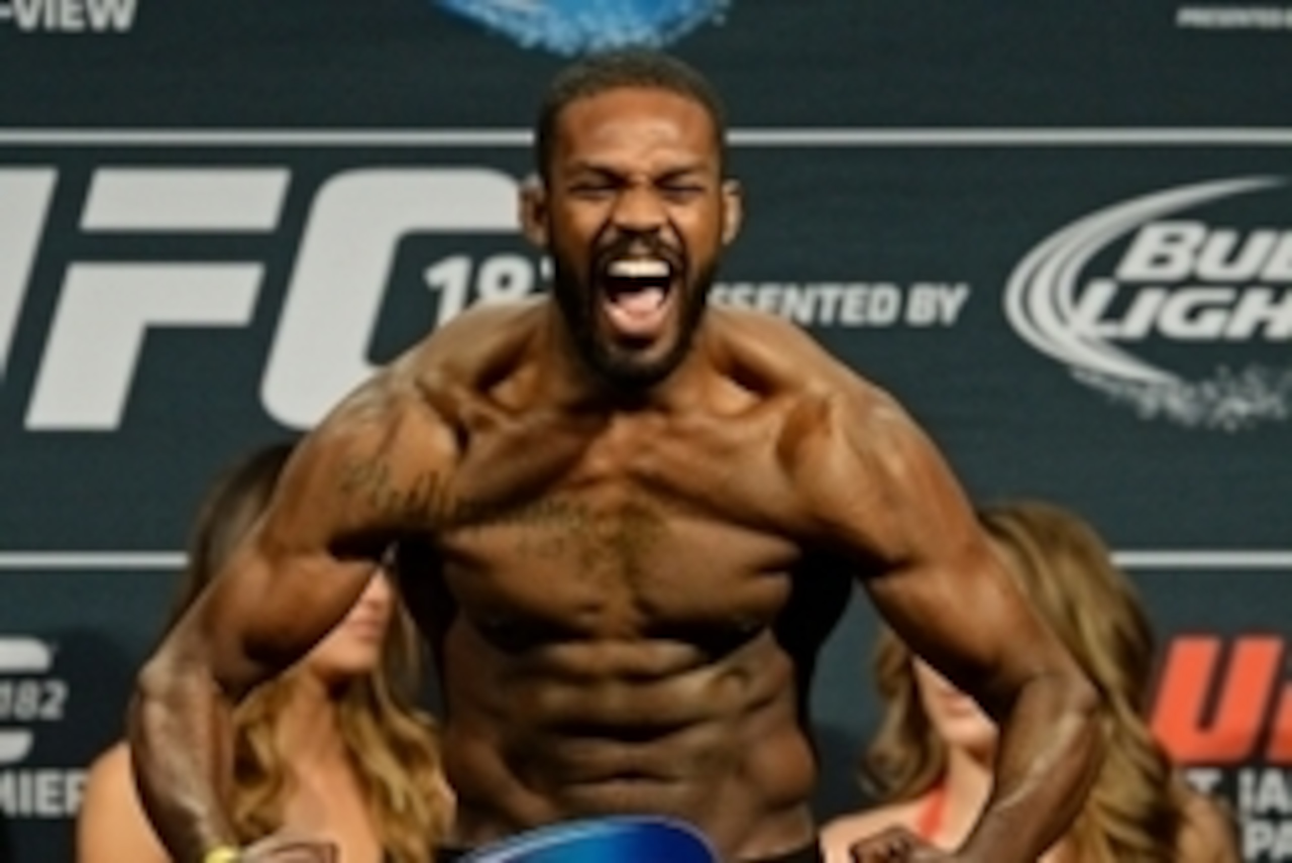 Jan 2, 2015; Las Vegas, NV, USA;   Jon Jones during the weigh in for his Light Heavyweight Title Bout against Daniel Cormier (not pictured) at MGM Grand Garden Arena. Mandatory Credit: Jayne Kamin-Oncea-USA TODAY Sports