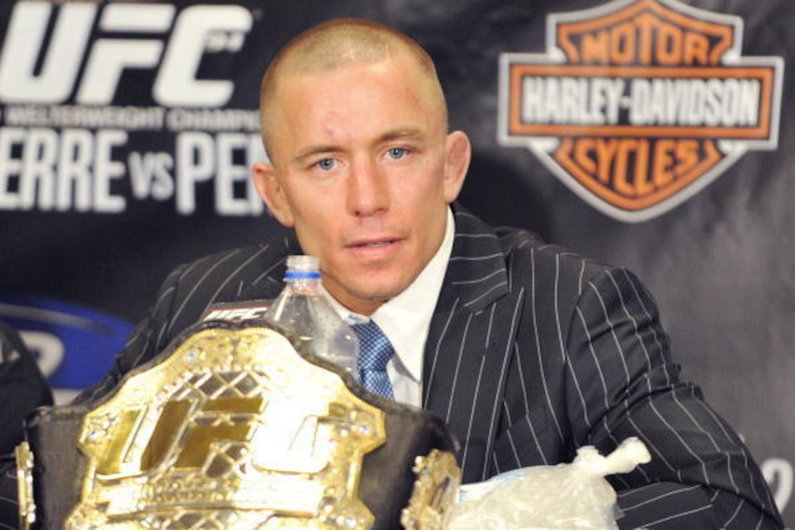 LAS VEGAS - JANUARY 31:  Georges St-Pierre answers question at the post-fight press conference at UFC 94 Georges St-Pierre vs. BJ Penn 2 at the MGM Grand Arena on January 31, 2009 in Las Vegas, Nevada.  (Photo by Jon Kopaloff/Getty Images)