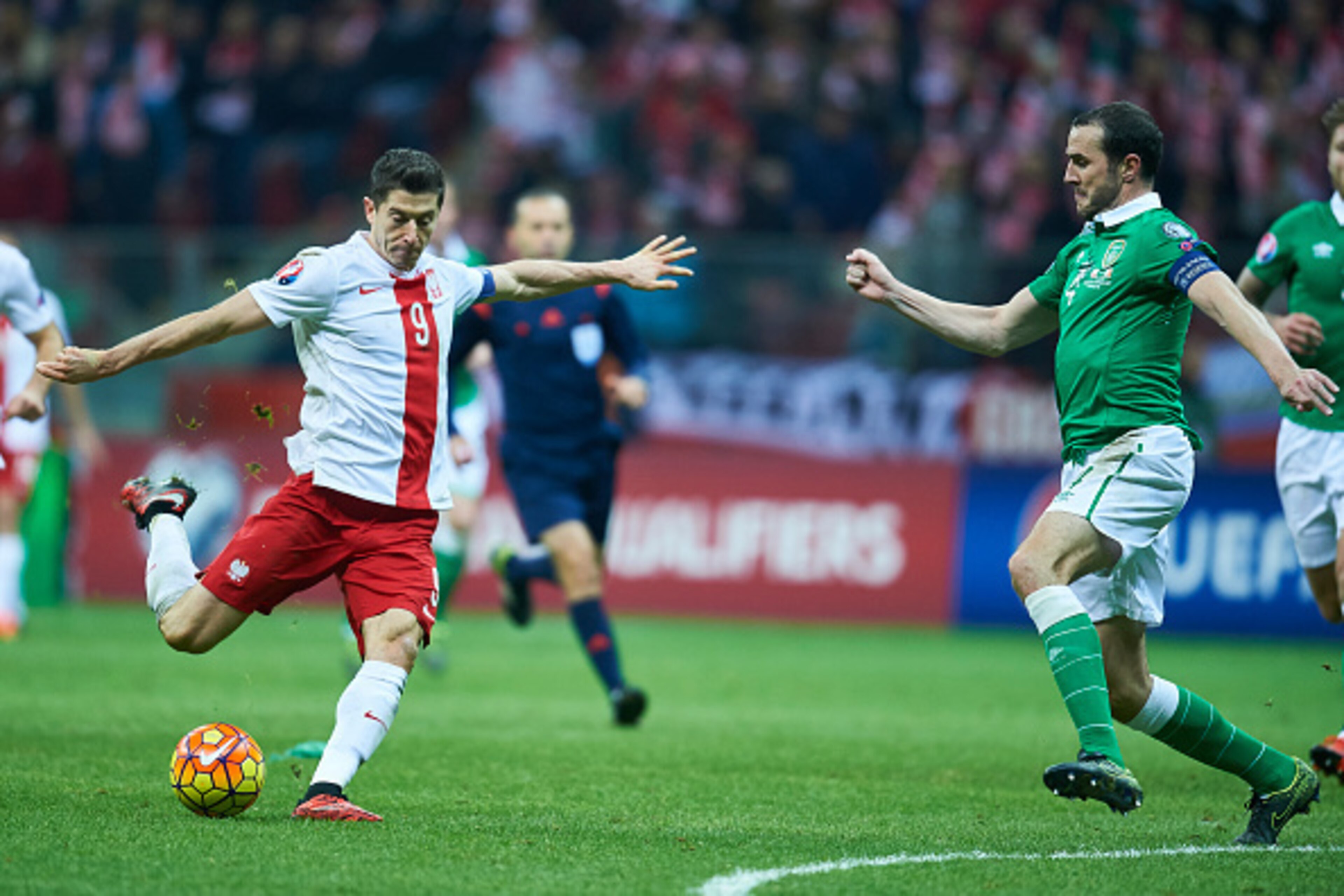 WARSAW, POLAND - OCTOBER 11: (L) Robert Lewandowski from Poland shoots on the goal during the UEFA EURO 2016 qualifying match between Poland and Republic of Ireland at National Stadium on October 11, 2015 in Warsaw, Poland. (Photo by Adam Nurkiewicz/Getty WARSAW, POLAND - OCTOBER 11: (L) Robert Lewandowski from Poland shoots on the goal during the UEFA EURO 2016 qualifying match between Poland and Republic of Ireland at National Stadium on October 11, 2015 in Warsaw, Poland. (Photo by Adam Nurkiewicz/Getty
