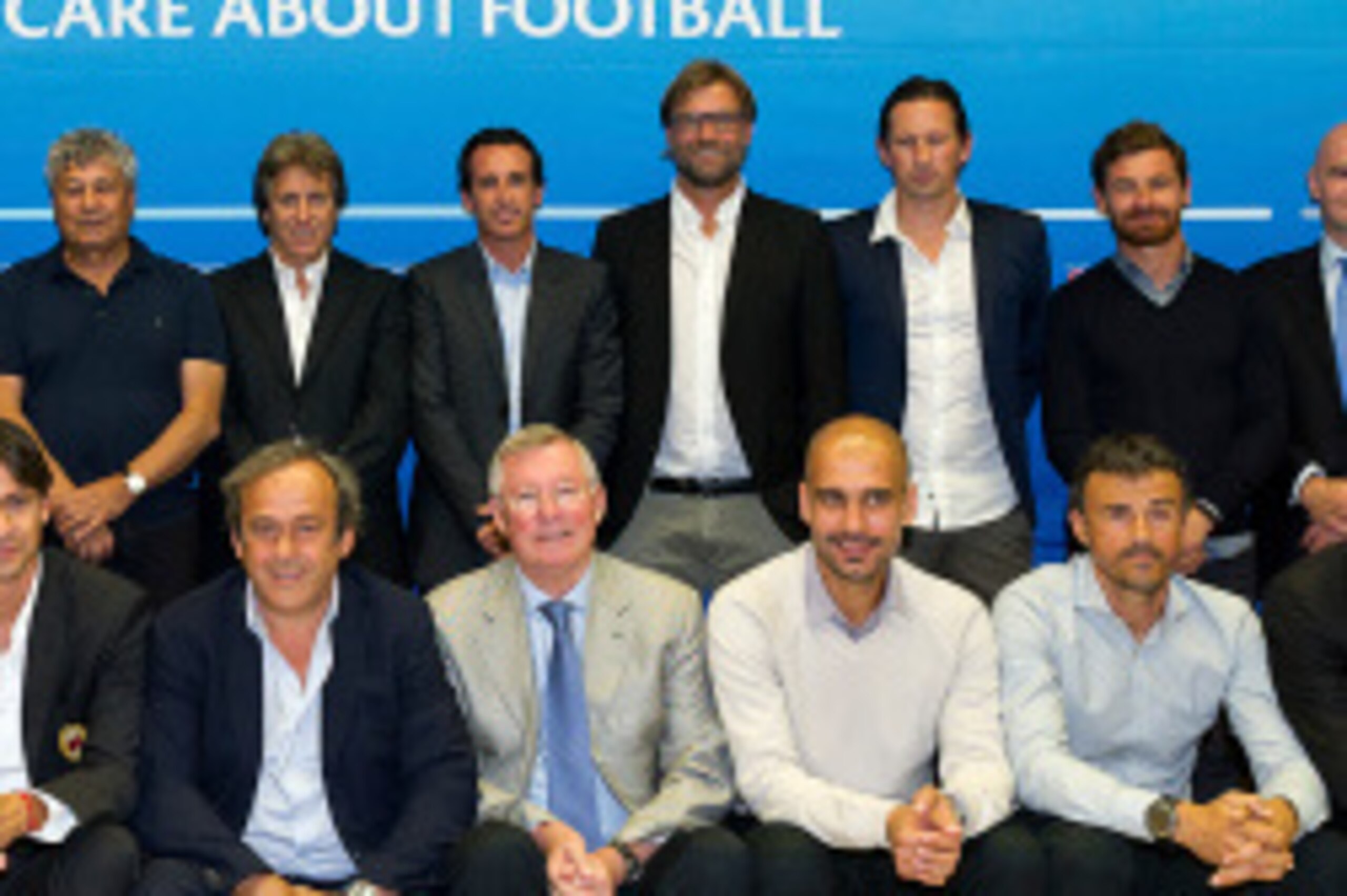 NYON, SWITZERLAND - SEPTEMBER 03:  UEFA Chief Refereeing Officer Pierluigi Collina, Paris St. Germain FC Coach Laurent Blanc, Manchester City FC Coach Manuel Pellegrini, Valencia CF Coach Nuno Espirito Santo, FC Schalke 04 Coach Jens Keller, FC Shakhtar D