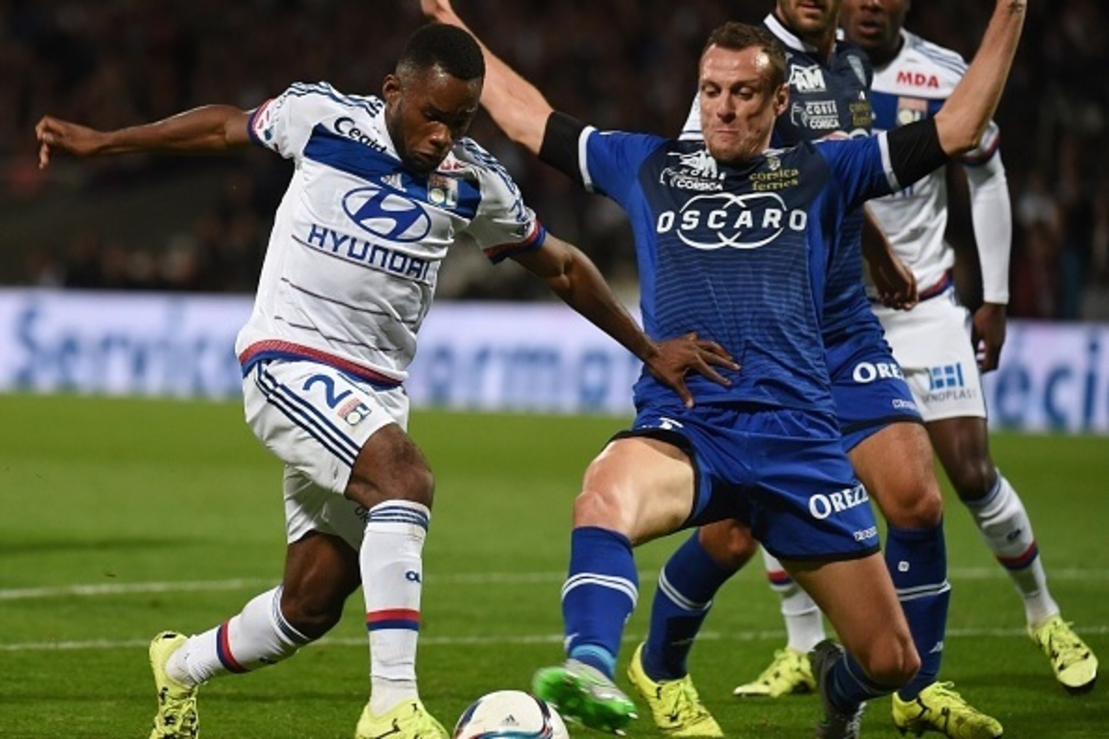 Lyon's French forward Aldo Kalulu (L) vies with Bastia's French defender Sebastien Squillaci (R) during the French L1 football match between Olympique Lyonnais against Sporting Club de Bastia on September 23, 2015 at the Gerland stadium in Lyon, Southeast Lyon's French forward Aldo Kalulu (L) vies with Bastia's French defender Sebastien Squillaci (R) during the French L1 football match between Olympique Lyonnais against Sporting Club de Bastia on September 23, 2015 at the Gerland stadium in Lyon, Southeast