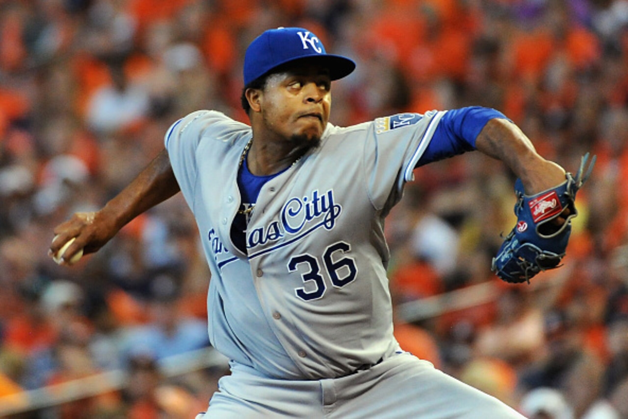 HOUSTON, TX - OCTOBER 11:  Edinson Volquez #36 of the Kansas City Royals throws a pitch in the first inning against the Houston Astros in game three of the American League Division Series at Minute Maid Park on October 11, 2015 in Houston, Texas.  (Photo 