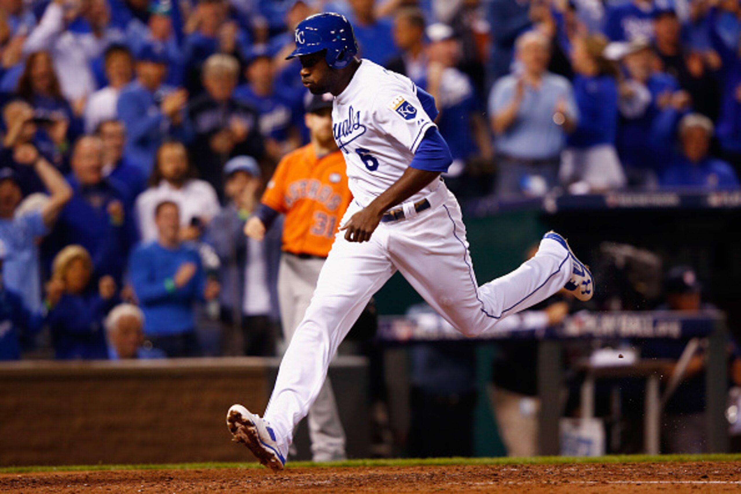 KANSAS CITY, MO - OCTOBER 14:  Lorenzo Cain #6 of the Kansas City Royals scores a run in the fourth inning after Eric Hosmer #35 of the Kansas City Royals (not pictured) hits an RBI single against the Houston Astros during game five of the American League